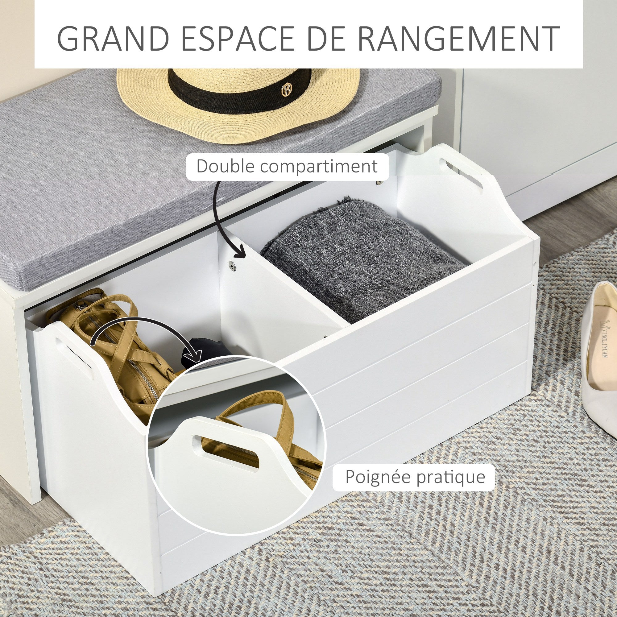 Storage Bench with Gray Cushion - Shoe Cabinet - Shoe Bench with Large Double Compartment Drawer - White MDF