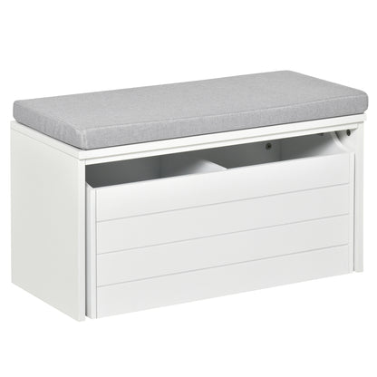 Storage Bench with Gray Cushion - Shoe Cabinet - Shoe Bench with Large Double Compartment Drawer - White MDF
