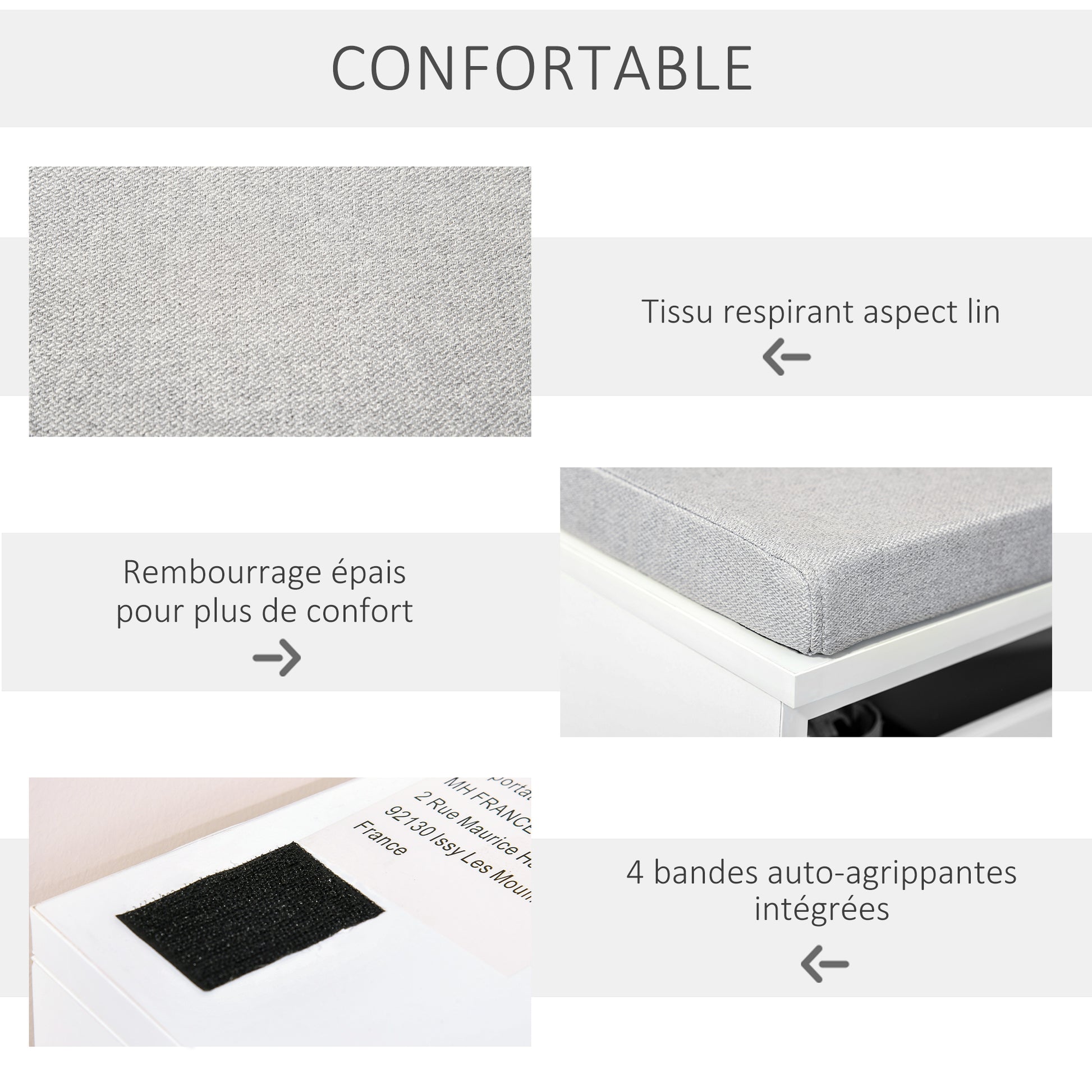 Storage Bench with Gray Cushion - Shoe Cabinet - Shoe Bench with Large Double Compartment Drawer - White MDF