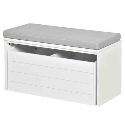 Storage Bench with Gray Cushion - Shoe Cabinet - Shoe Bench with Large Double Compartment Drawer - White MDF