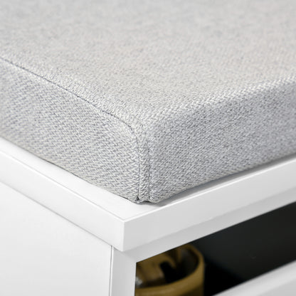 Storage Bench with Gray Cushion - Shoe Cabinet - Shoe Bench with Large Double Compartment Drawer - White MDF