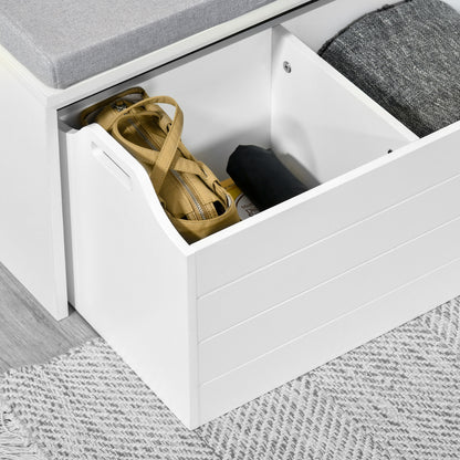 Storage Bench with Gray Cushion - Shoe Cabinet - Shoe Bench with Large Double Compartment Drawer - White MDF