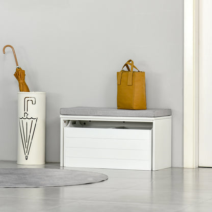 Storage Bench with Gray Cushion - Shoe Cabinet - Shoe Bench with Large Double Compartment Drawer - White MDF