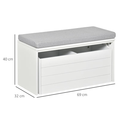 Storage Bench with Gray Cushion - Shoe Cabinet - Shoe Bench with Large Double Compartment Drawer - White MDF