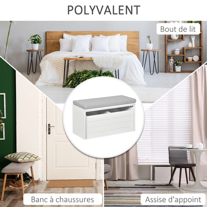 Storage Bench with Gray Cushion - Shoe Cabinet - Shoe Bench with Large Double Compartment Drawer - White MDF