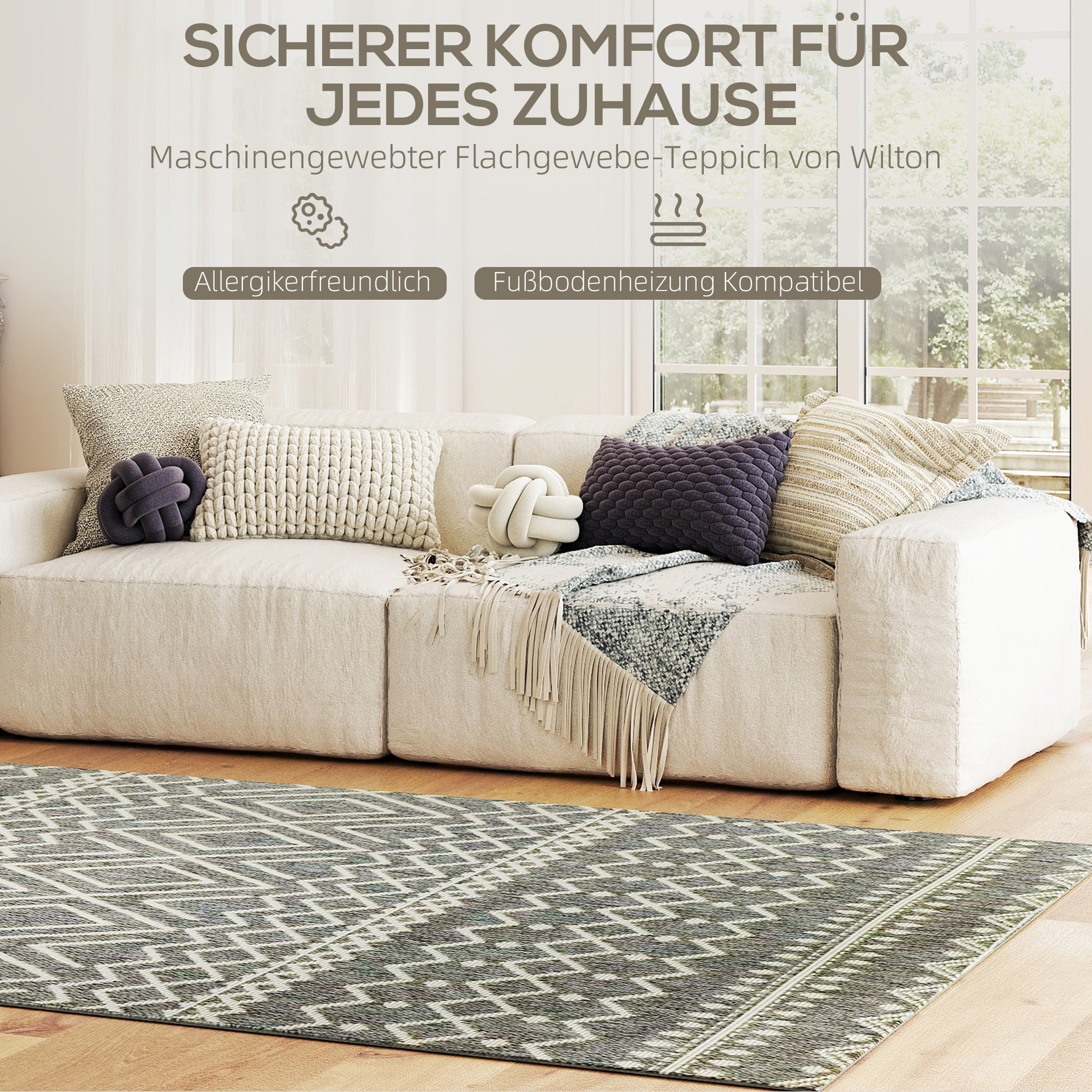 Flatweave Rug Washable Anti-Slip Kitchen Rug with Boho Design for Patio Balcony Living Room & Kitchen, 200 x 140 cm, Gray