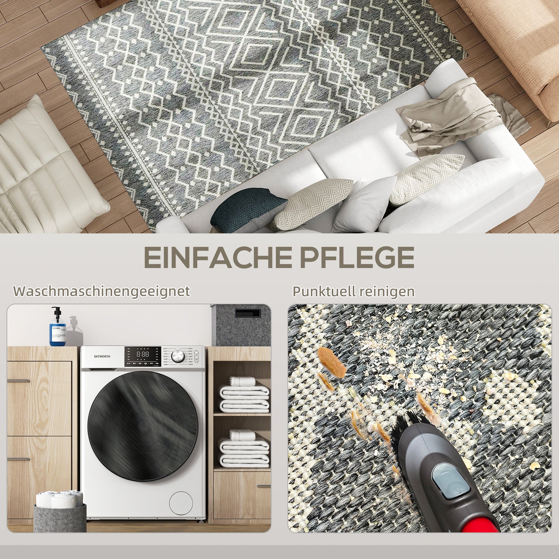 Flatweave Rug Washable Anti-Slip Kitchen Rug with Boho Design for Patio Balcony Living Room & Kitchen, 200 x 140 cm, Gray