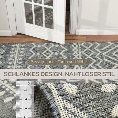 Flatweave Rug Washable Anti-Slip Kitchen Rug with Boho Design for Patio Balcony Living Room & Kitchen, 200 x 140 cm, Gray