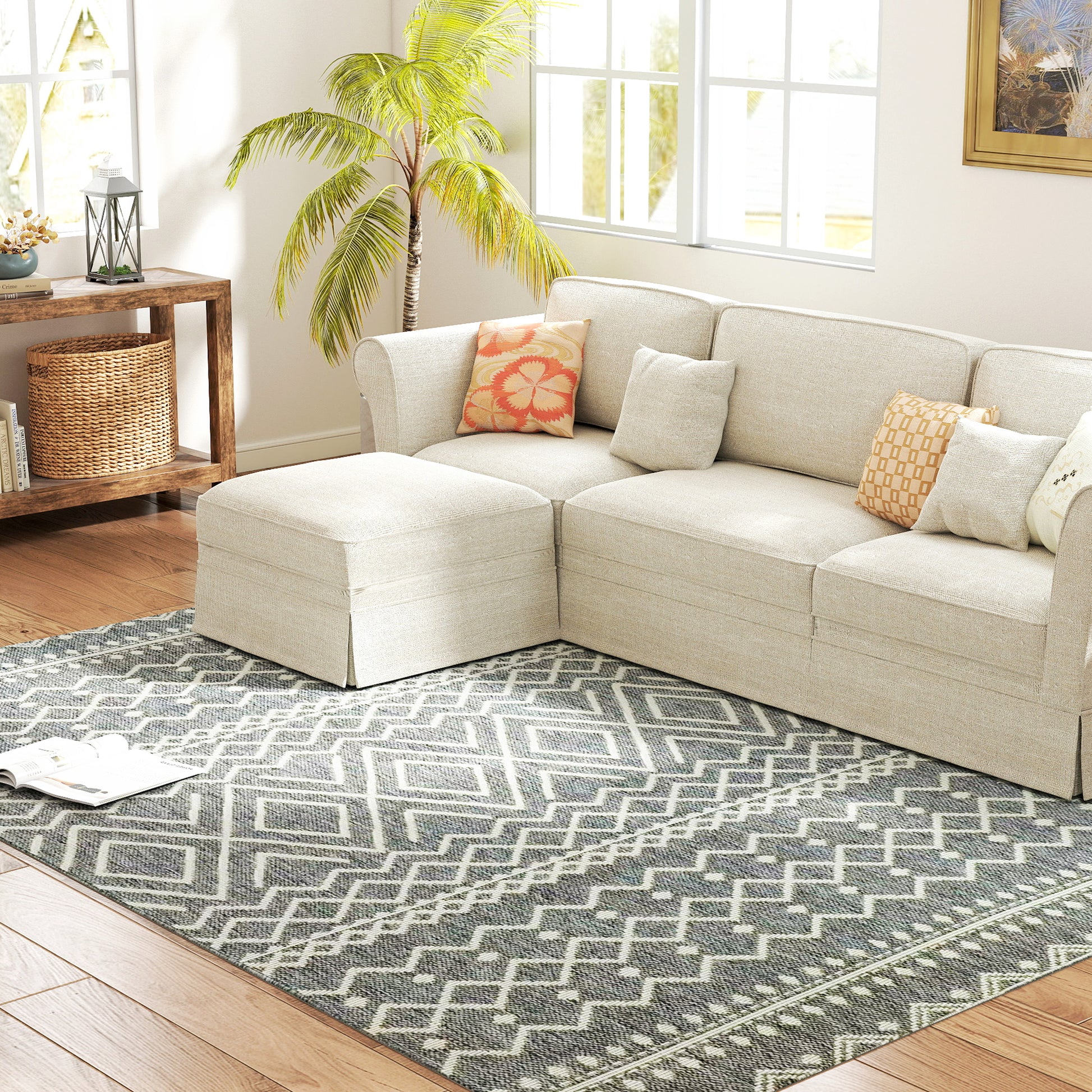 Flatweave Rug Washable Anti-Slip Kitchen Rug with Boho Design for Patio Balcony Living Room & Kitchen, 200 x 140 cm, Gray