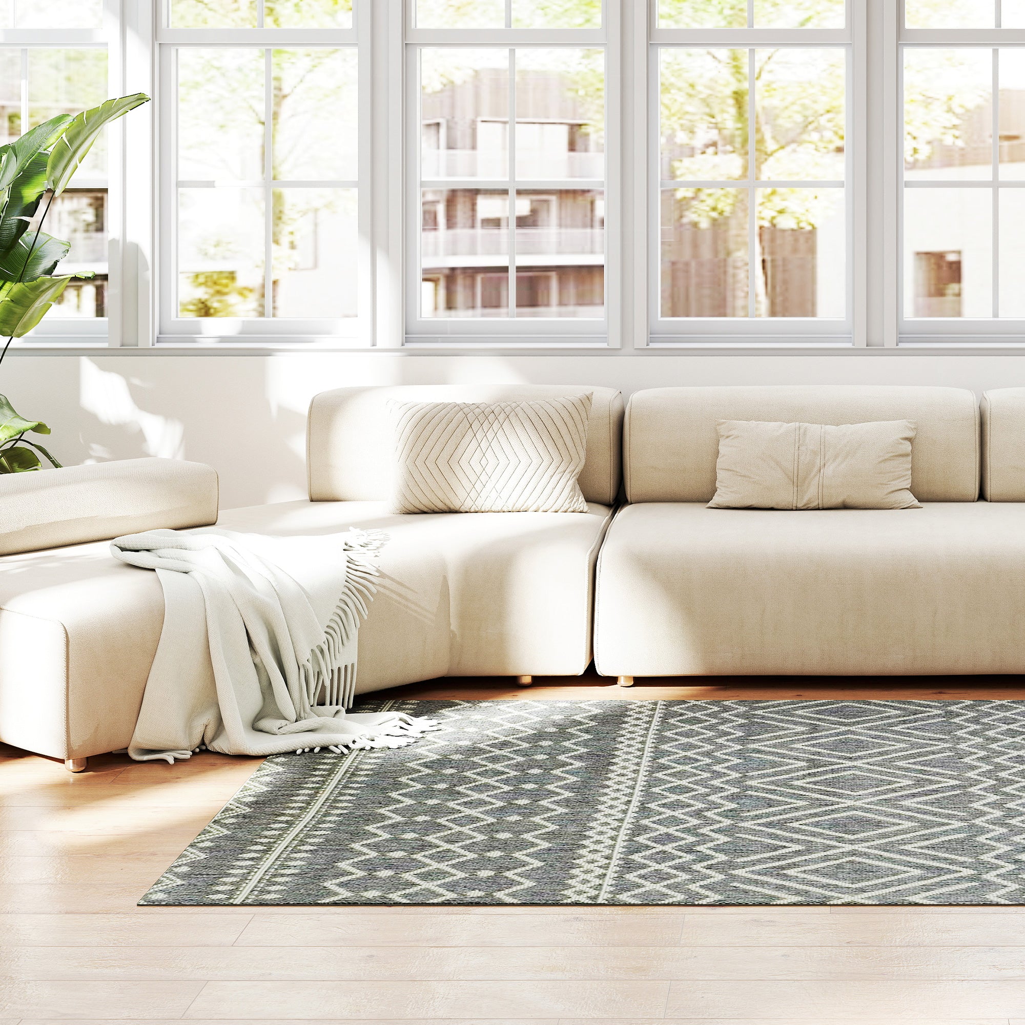 Flatweave Rug Washable Anti-Slip Kitchen Rug with Boho Design for Patio Balcony Living Room & Kitchen, 200 x 140 cm, Gray