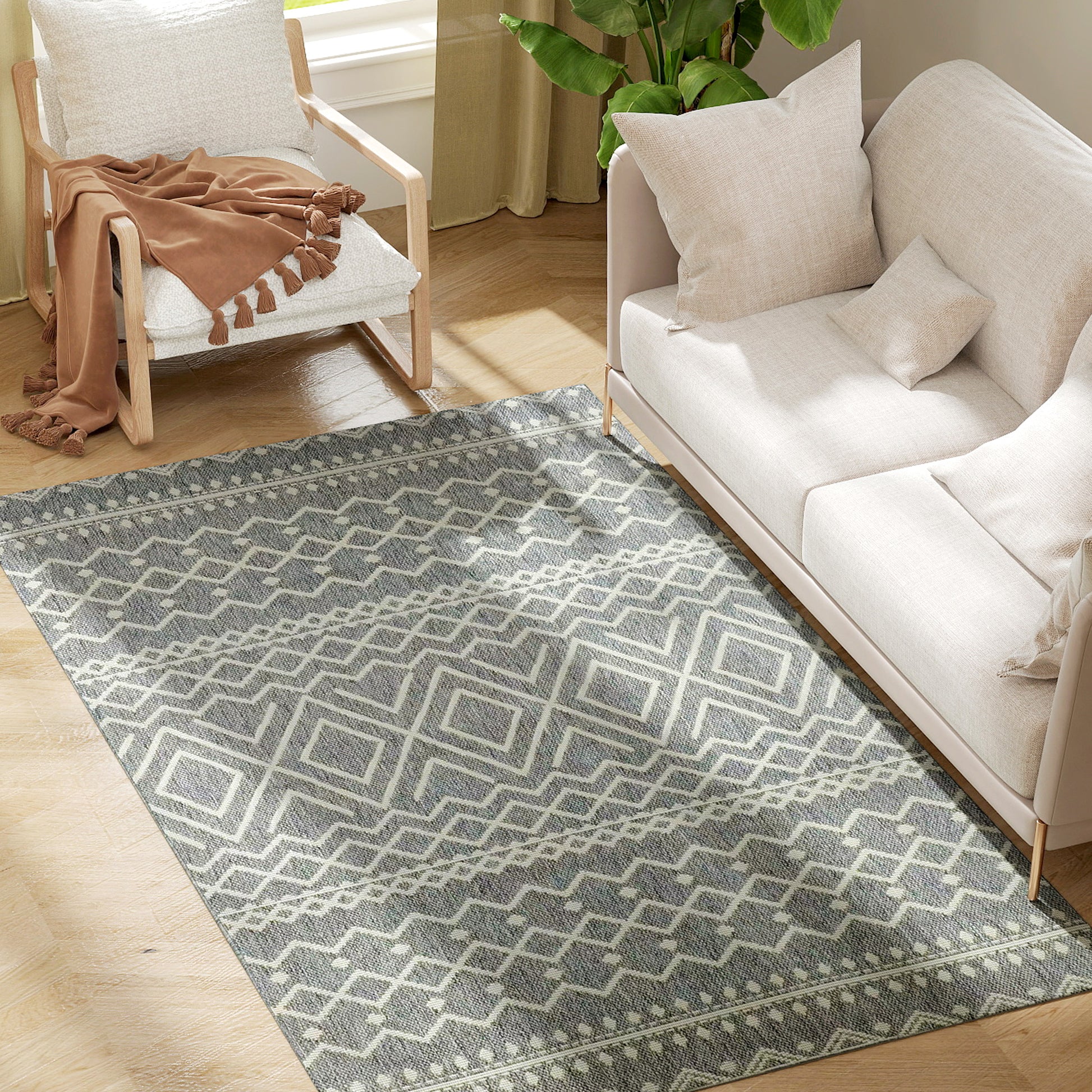Flatweave Rug Washable Anti-Slip Kitchen Rug with Boho Design for Patio Balcony Living Room & Kitchen, 200 x 140 cm, Gray