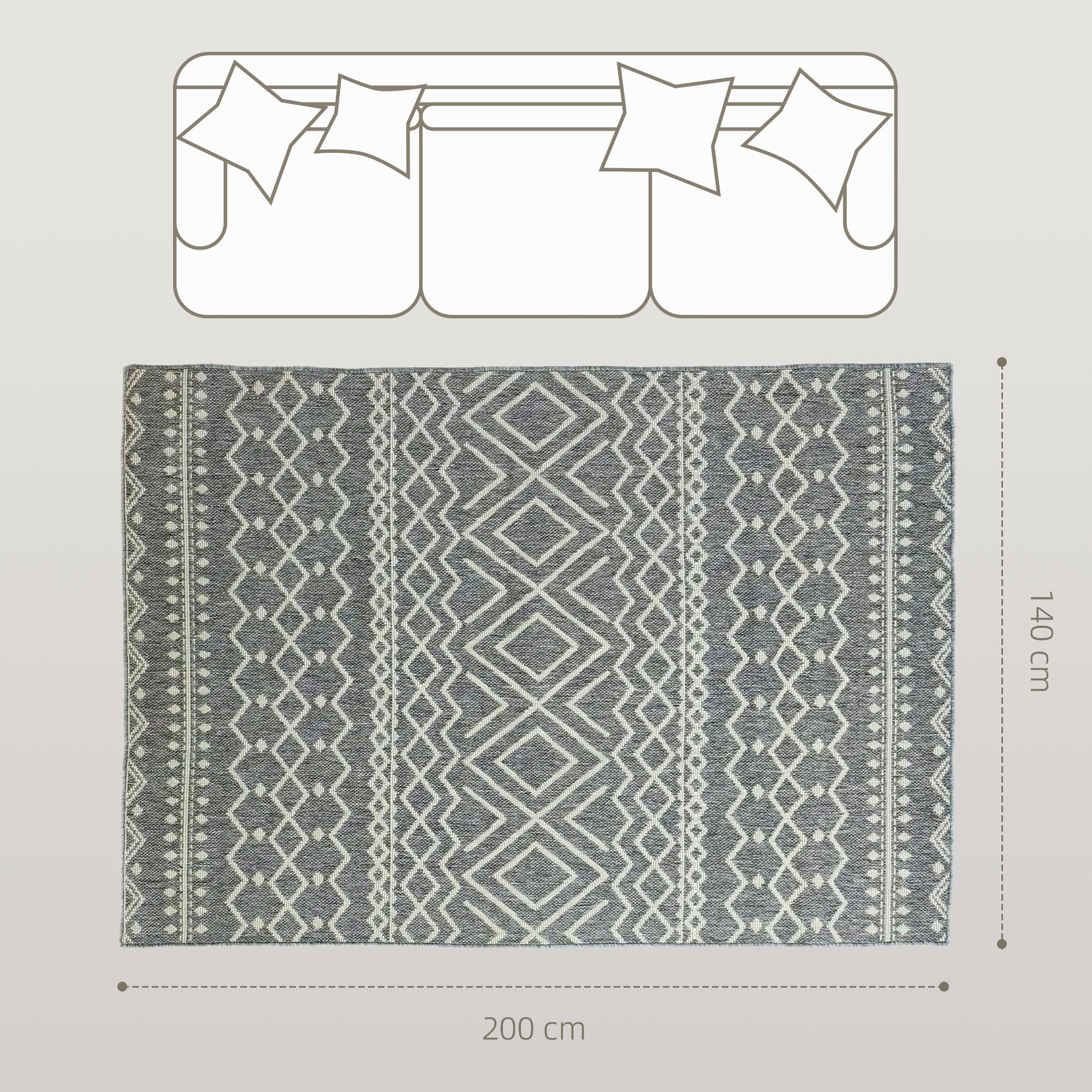 Flatweave Rug Washable Anti-Slip Kitchen Rug with Boho Design for Patio Balcony Living Room & Kitchen, 200 x 140 cm, Gray