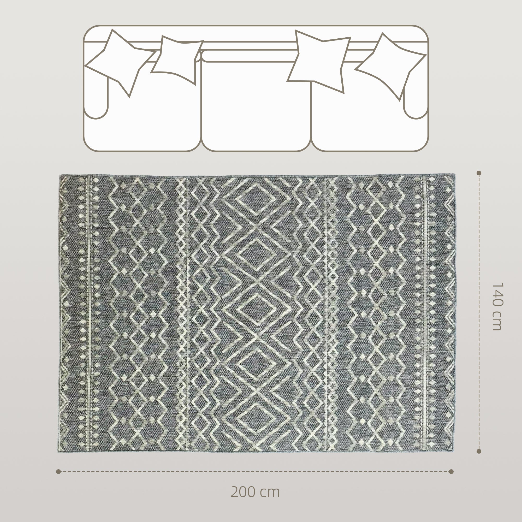 Flatweave Rug Washable Anti-Slip Kitchen Rug with Boho Design for Patio Balcony Living Room & Kitchen, 200 x 140 cm, Gray
