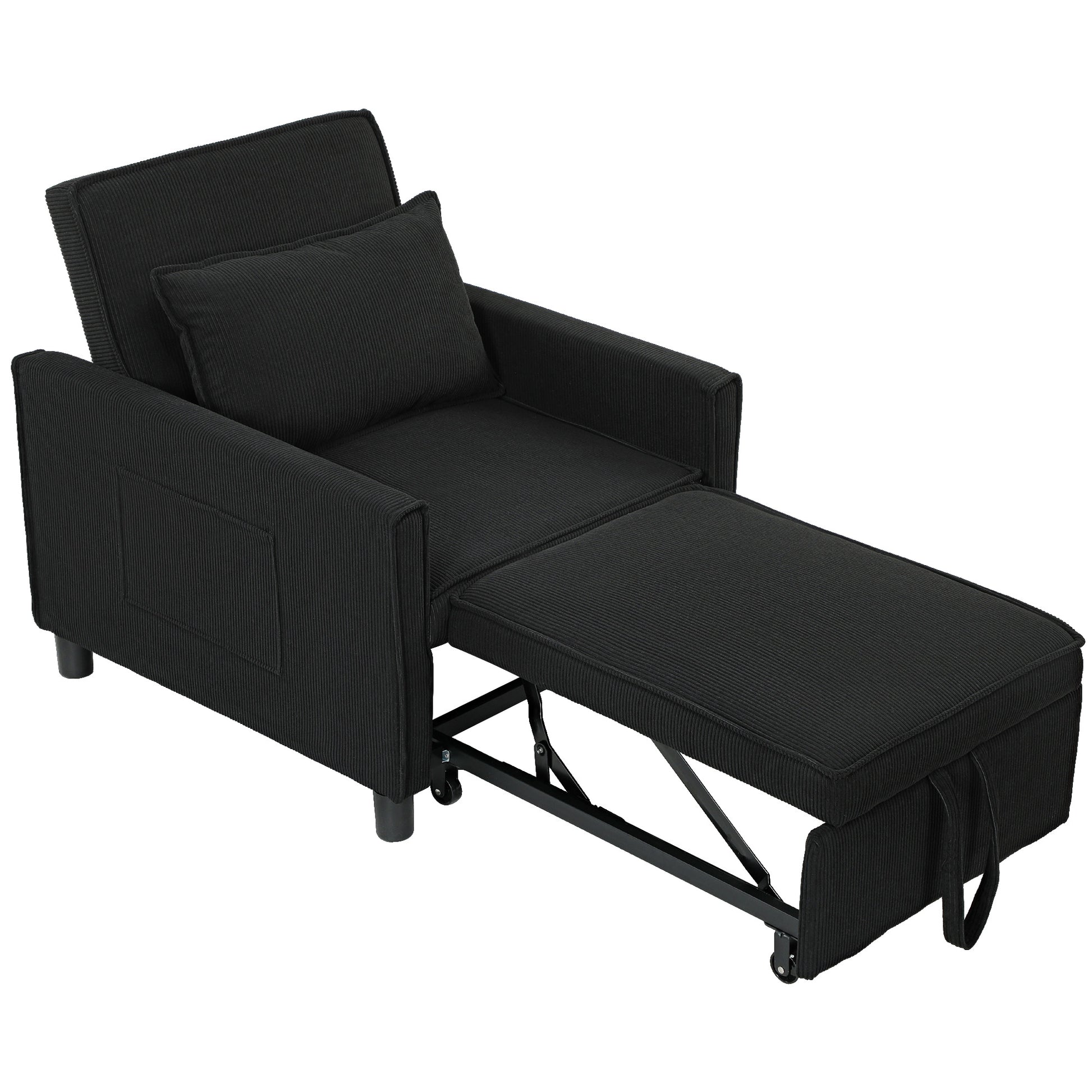 3-in-1 Sleeper Chair, Folding Bed with Bed Function, Lumbar Pillow, Adjustable Backrest, Wheels, Side Pocket, for Living Room, Corduroy, Black
