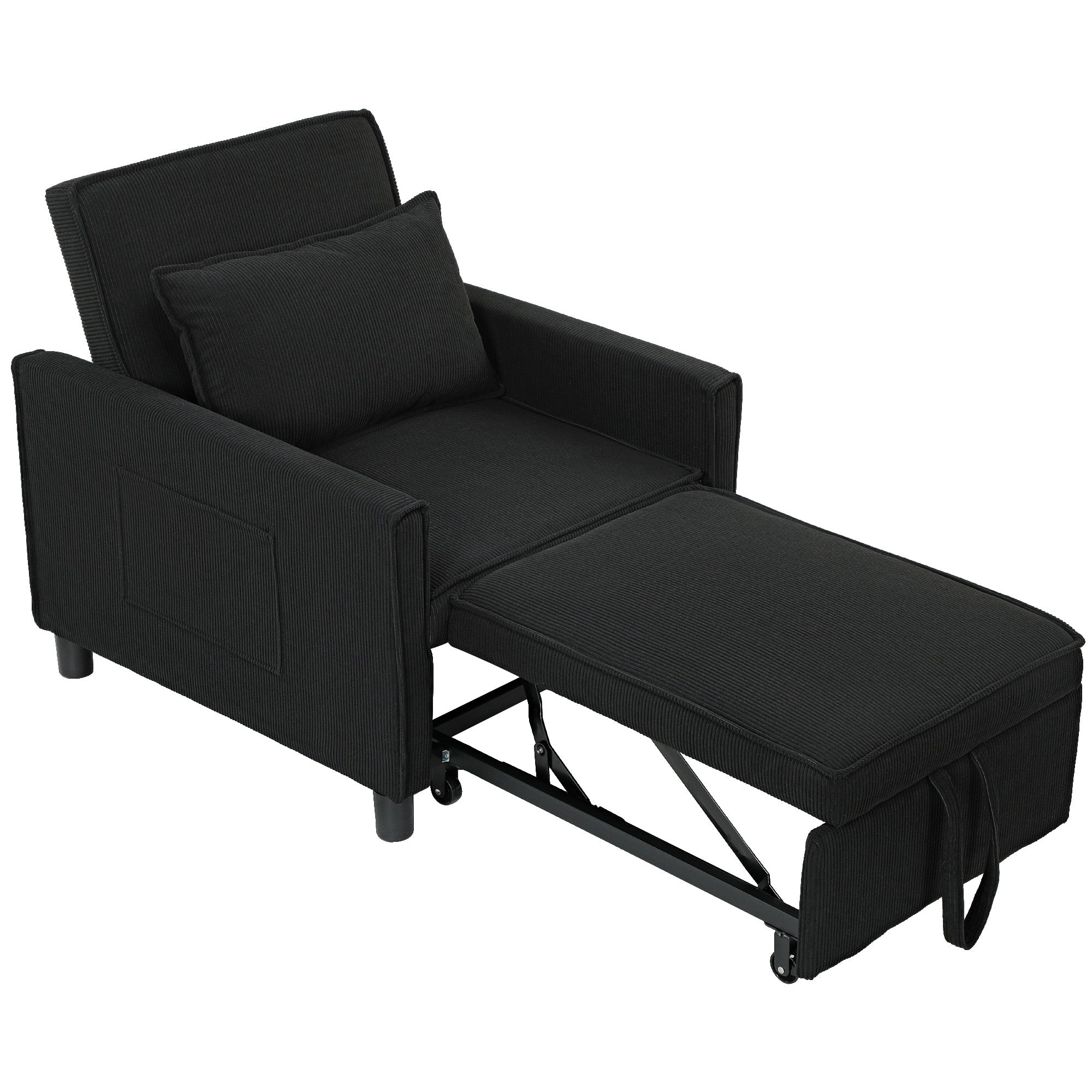 3-in-1 Sleeper Chair, Folding Bed with Bed Function, Lumbar Pillow, Adjustable Backrest, Wheels, Side Pocket, for Living Room, Corduroy, Black