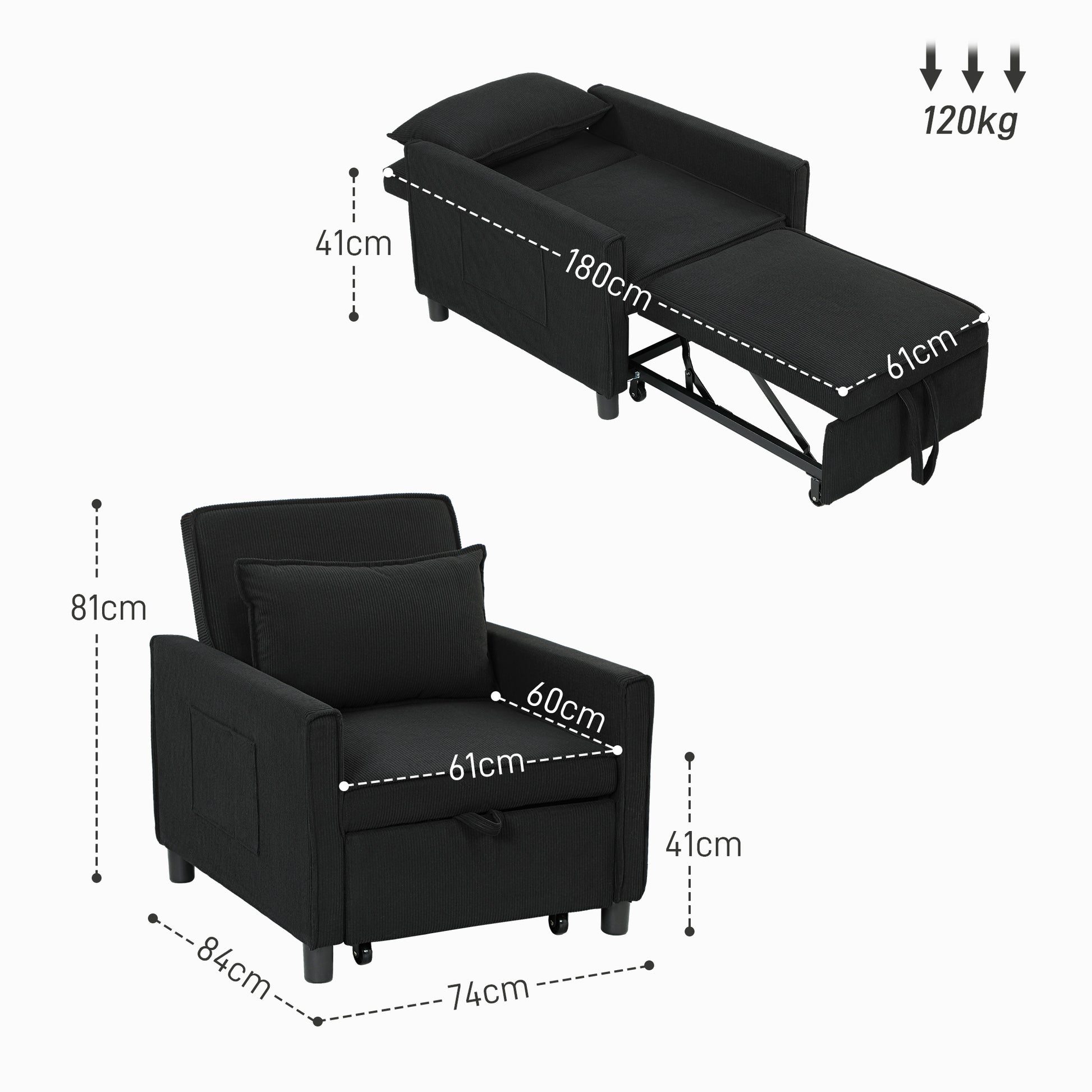 3-in-1 Sleeper Chair, Folding Bed with Bed Function, Lumbar Pillow, Adjustable Backrest, Wheels, Side Pocket, for Living Room, Corduroy, Black