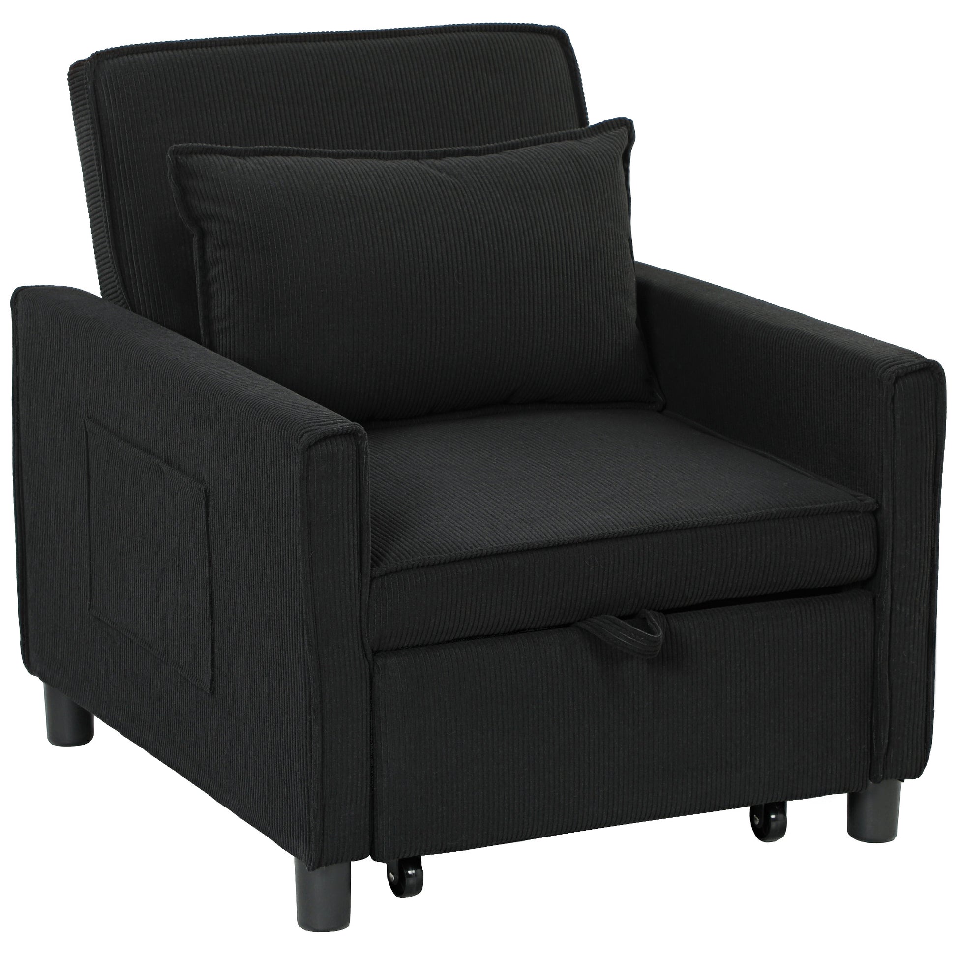 3-in-1 Sleeper Chair, Folding Bed with Bed Function, Lumbar Pillow, Adjustable Backrest, Wheels, Side Pocket, for Living Room, Corduroy, Black