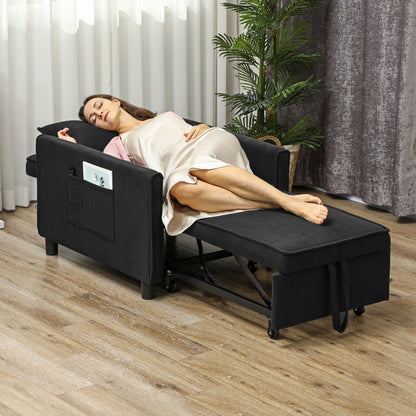 3-in-1 Sleeper Chair, Folding Bed with Bed Function, Lumbar Pillow, Adjustable Backrest, Wheels, Side Pocket, for Living Room, Corduroy, Black