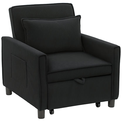 3-in-1 Sleeper Chair, Folding Bed with Bed Function, Lumbar Pillow, Adjustable Backrest, Wheels, Side Pocket, for Living Room, Corduroy, Black