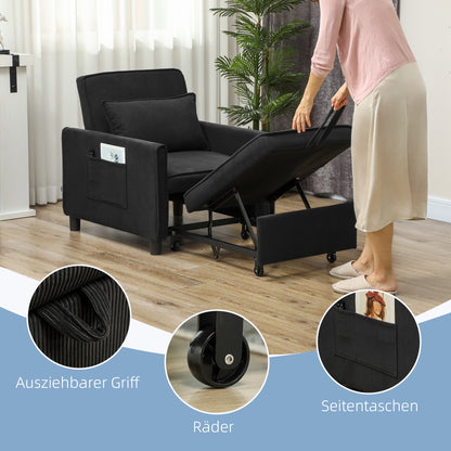 3-in-1 Sleeper Chair, Folding Bed with Bed Function, Lumbar Pillow, Adjustable Backrest, Wheels, Side Pocket, for Living Room, Corduroy, Black