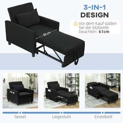 3-in-1 Sleeper Chair, Folding Bed with Bed Function, Lumbar Pillow, Adjustable Backrest, Wheels, Side Pocket, for Living Room, Corduroy, Black