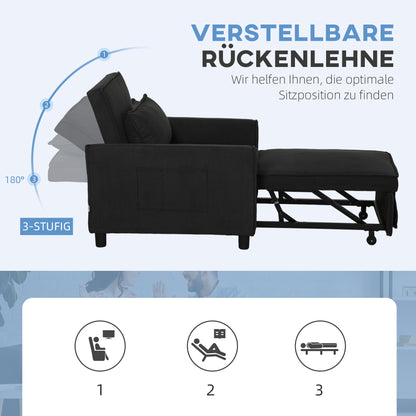 3-in-1 Sleeper Chair, Folding Bed with Bed Function, Lumbar Pillow, Adjustable Backrest, Wheels, Side Pocket, for Living Room, Corduroy, Black
