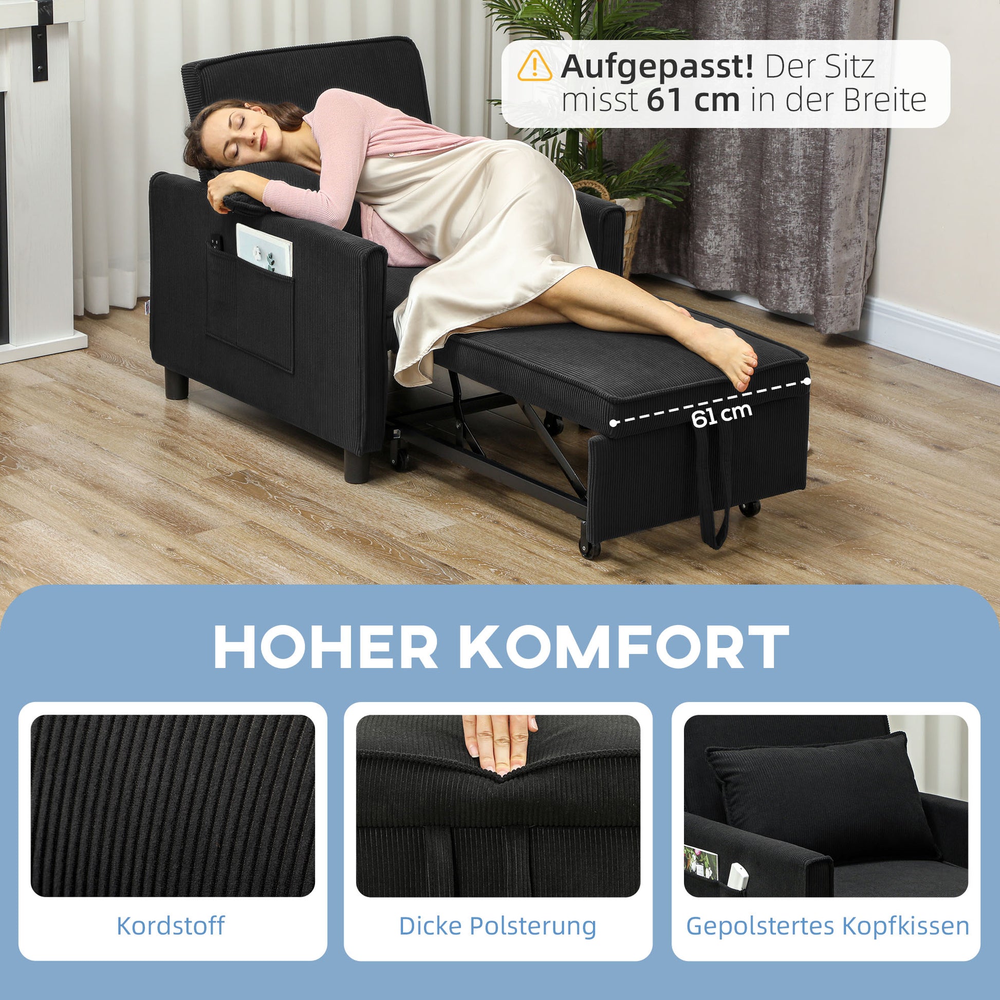 3-in-1 Sleeper Chair, Folding Bed with Bed Function, Lumbar Pillow, Adjustable Backrest, Wheels, Side Pocket, for Living Room, Corduroy, Black
