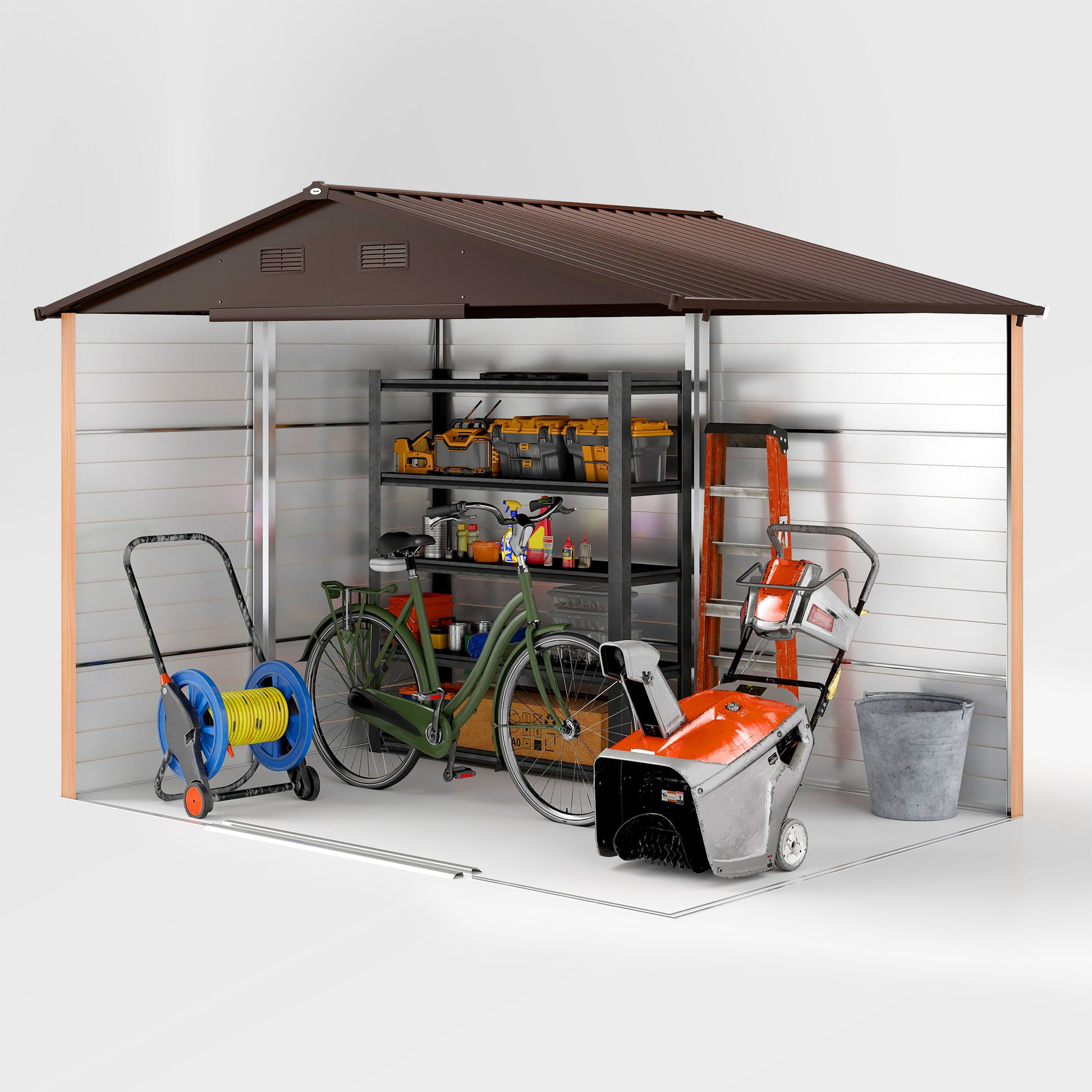 Outdoor Garden Shed 4.84 m² 278x195x215 cm Metal Garden Shed with 2 Sliding Doors and 4 Windows for Tool Storage Natural Wood and Coffee Effect
