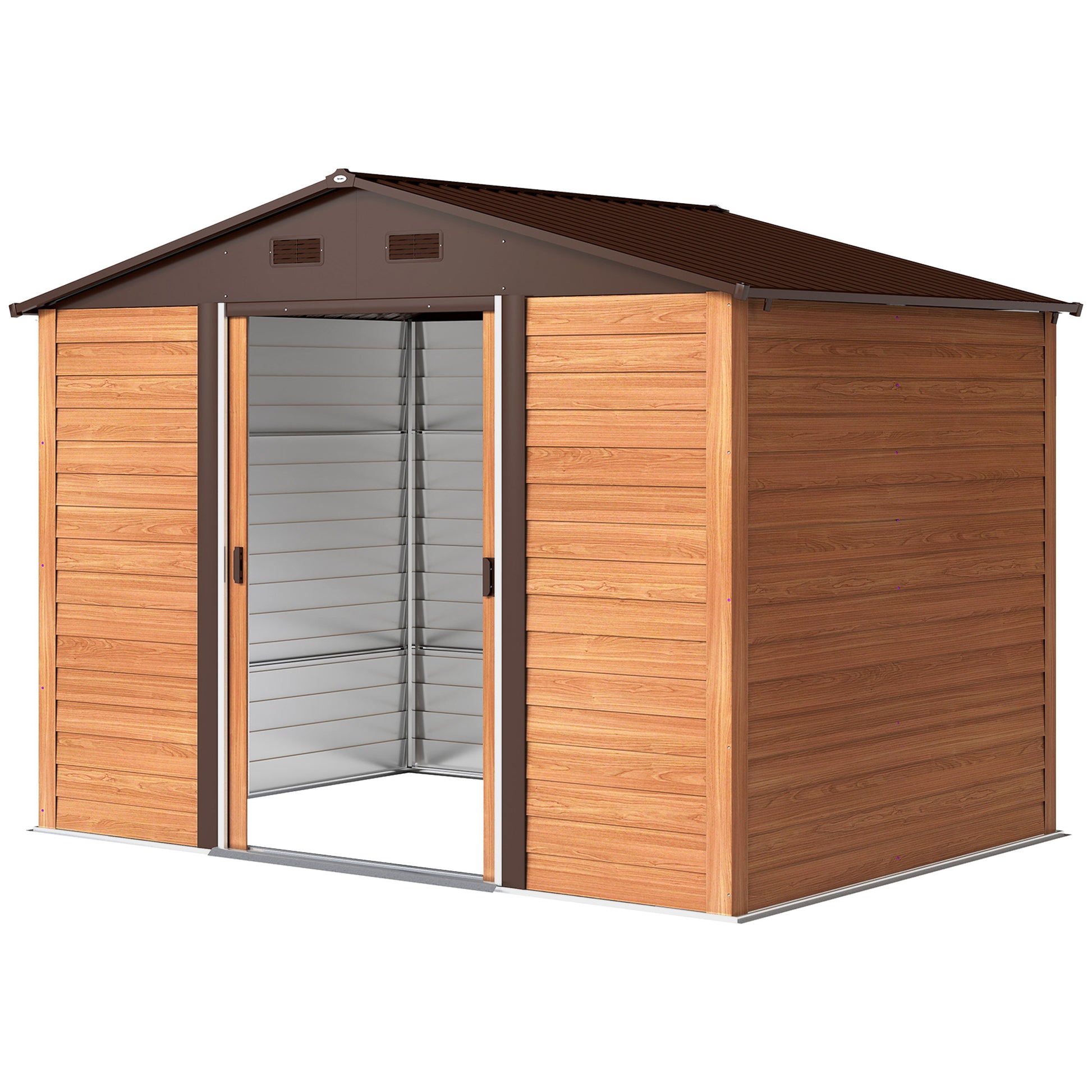 Outdoor Garden Shed 4.84 m² 278x195x215 cm Metal Garden Shed with 2 Sliding Doors and 4 Windows for Tool Storage Natural Wood and Coffee Effect