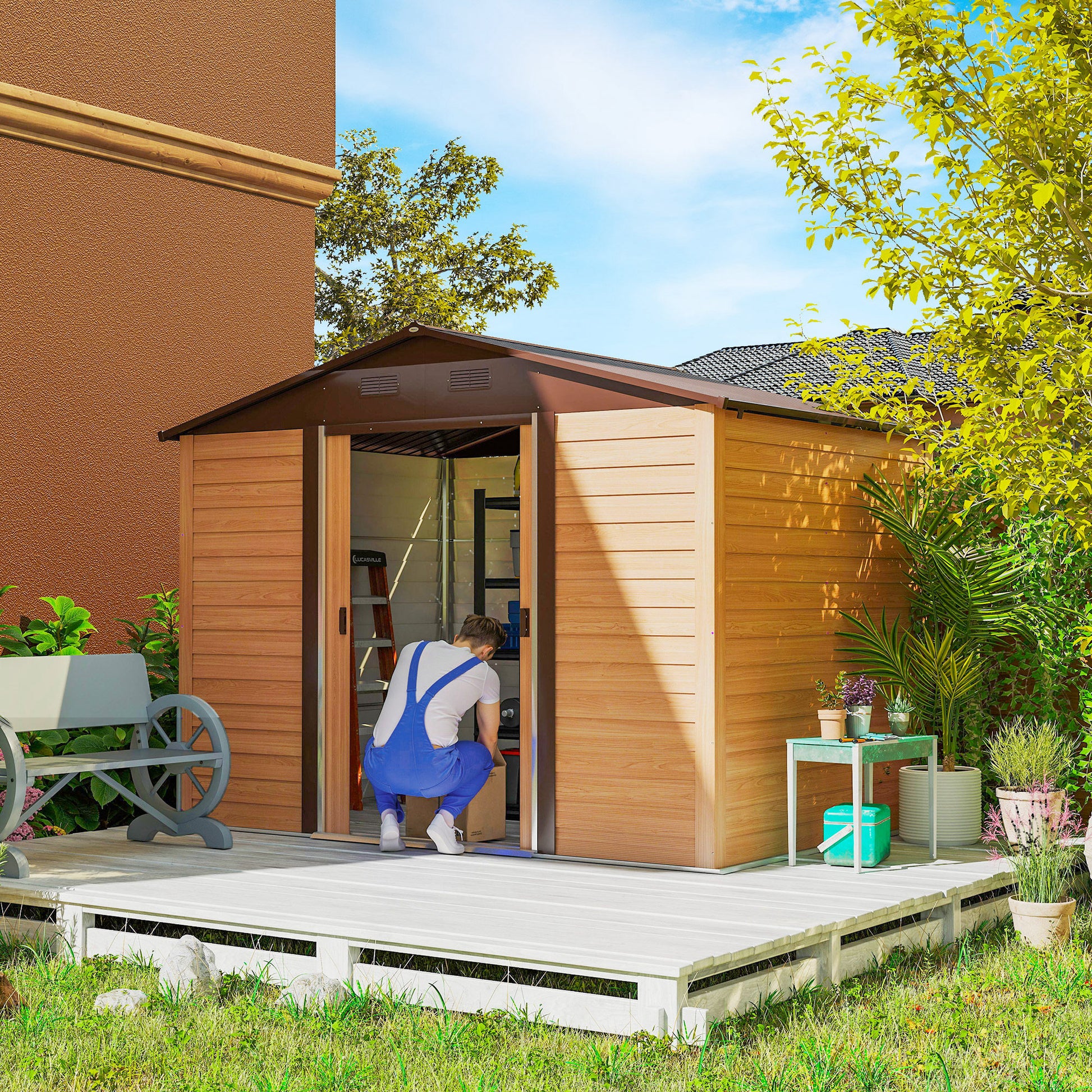 Outdoor Garden Shed 4.84 m² 278x195x215 cm Metal Garden Shed with 2 Sliding Doors and 4 Windows for Tool Storage Natural Wood and Coffee Effect