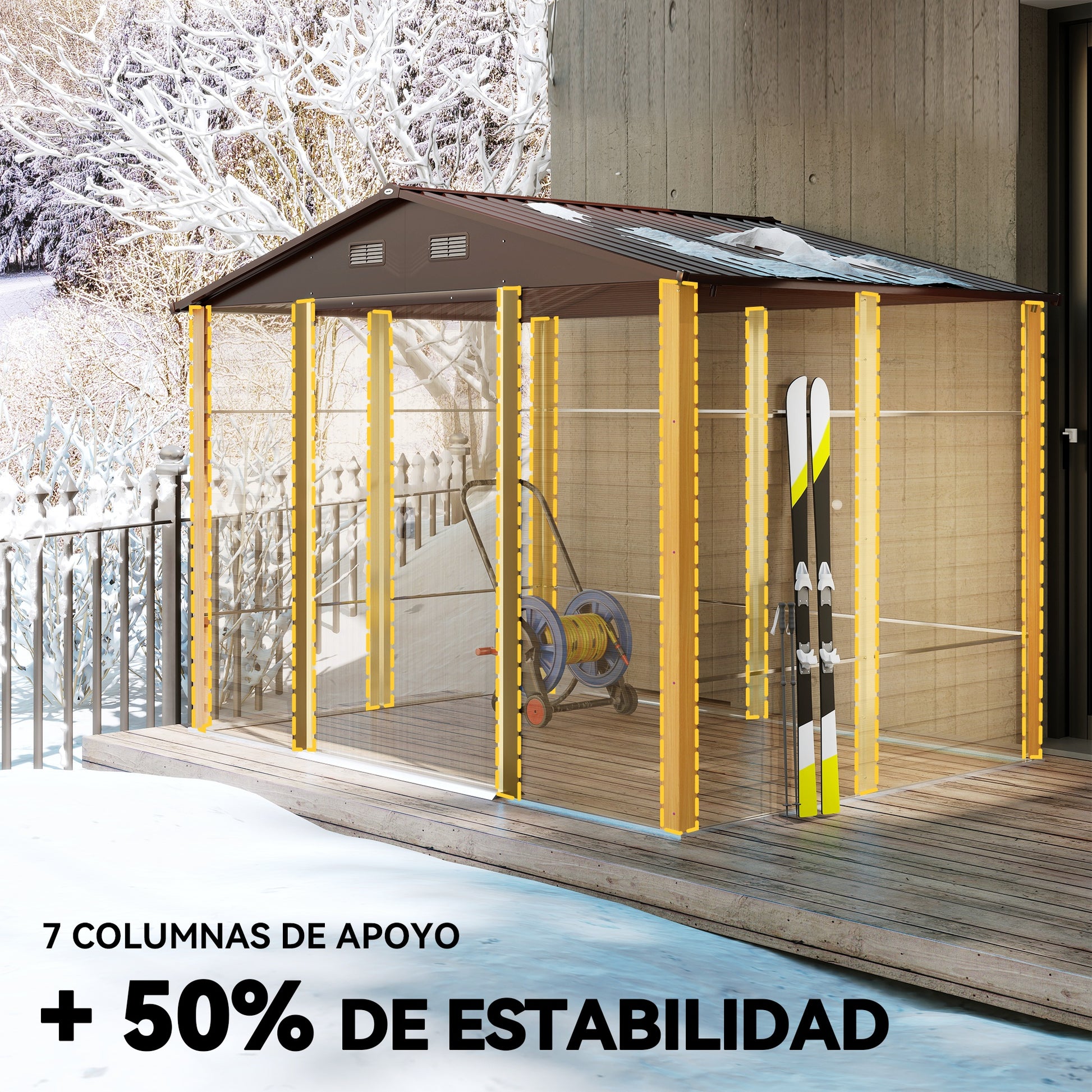 Outdoor Garden Shed 4.84 m² 278x195x215 cm Metal Garden Shed with 2 Sliding Doors and 4 Windows for Tool Storage Natural Wood and Coffee Effect