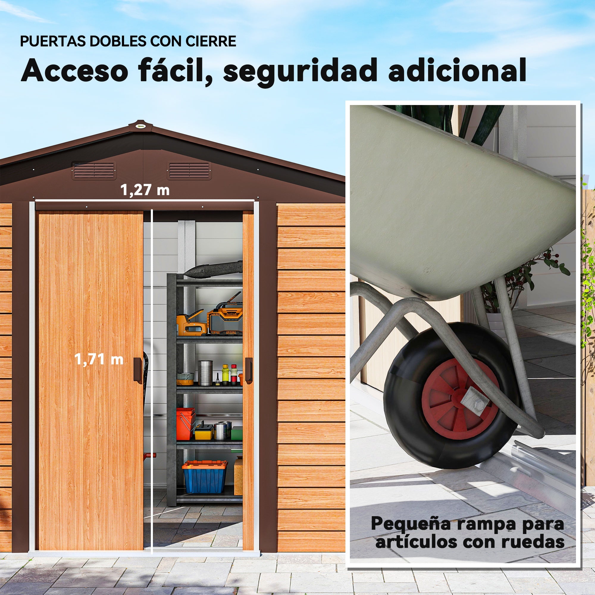 Outdoor Garden Shed 4.84 m² 278x195x215 cm Metal Garden Shed with 2 Sliding Doors and 4 Windows for Tool Storage Natural Wood and Coffee Effect