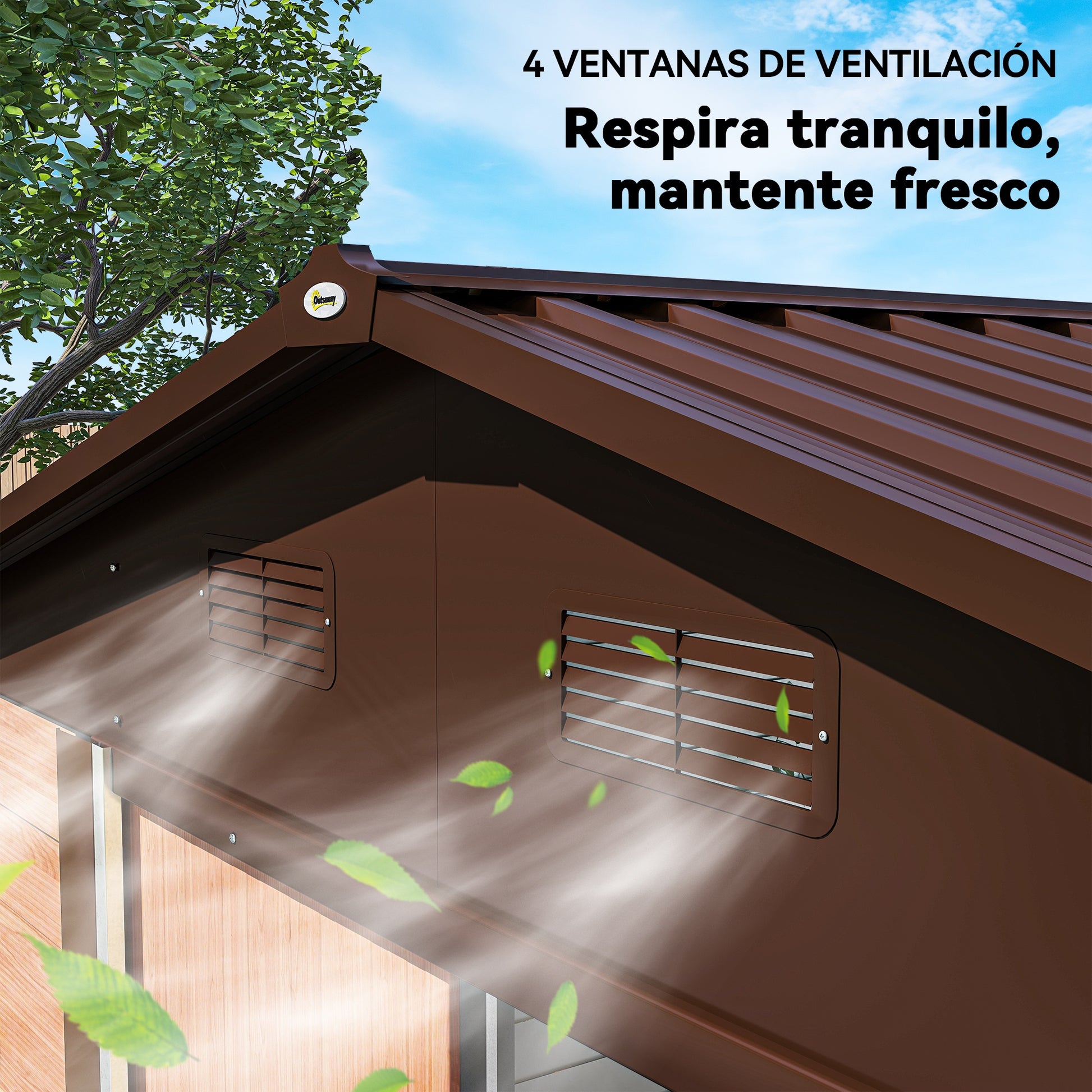 Outdoor Garden Shed 4.84 m² 278x195x215 cm Metal Garden Shed with 2 Sliding Doors and 4 Windows for Tool Storage Natural Wood and Coffee Effect