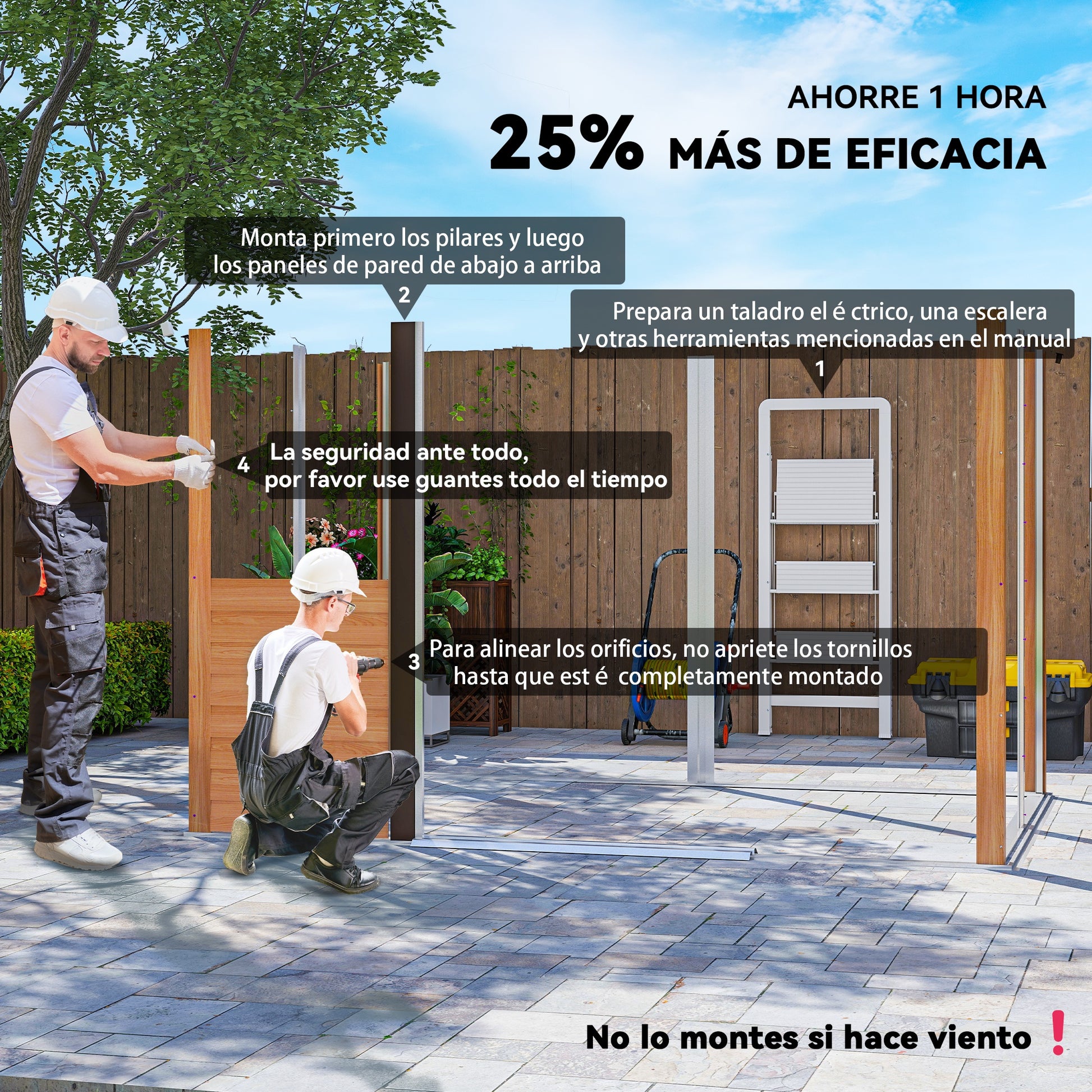 Outdoor Garden Shed 4.84 m² 278x195x215 cm Metal Garden Shed with 2 Sliding Doors and 4 Windows for Tool Storage Natural Wood and Coffee Effect