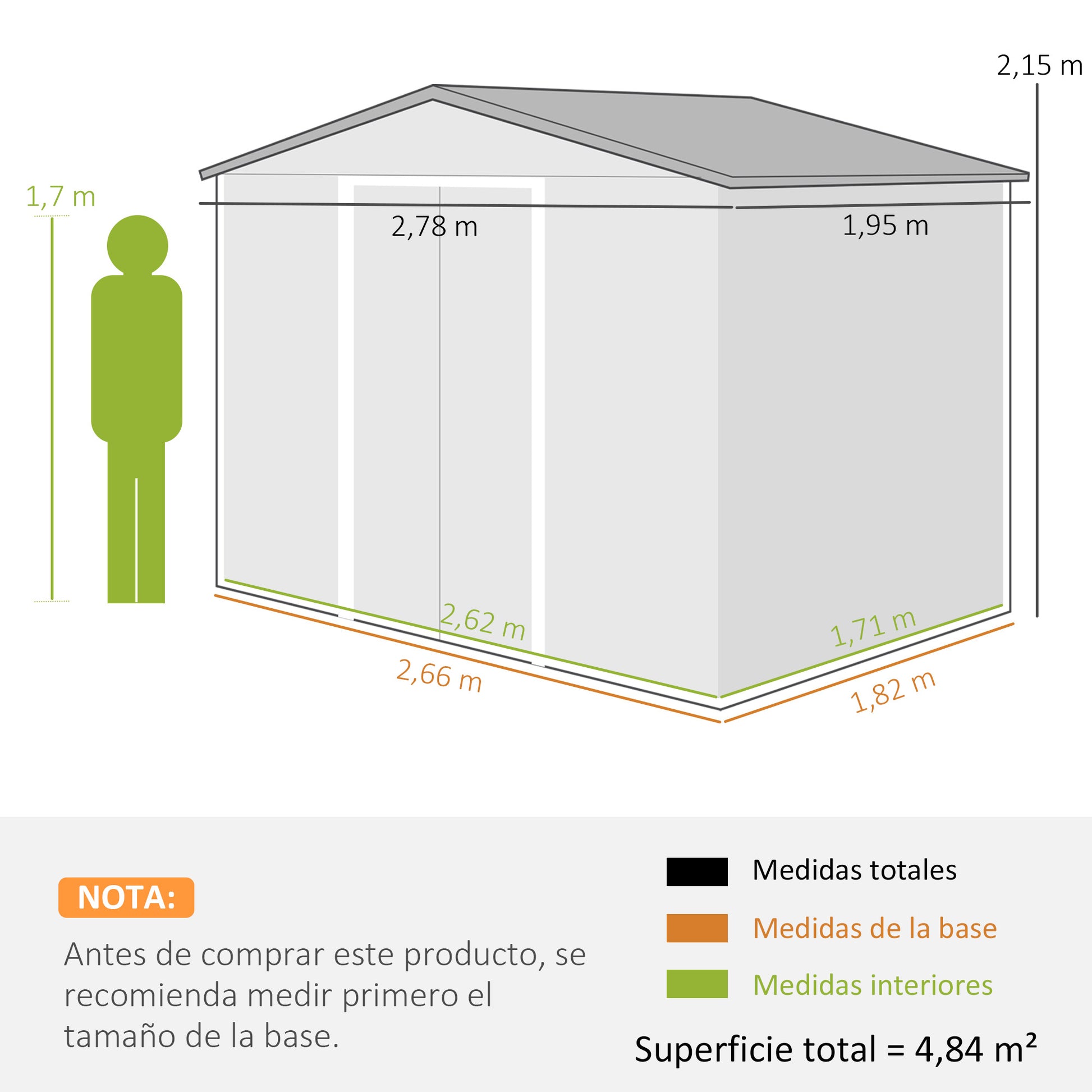 Outdoor Garden Shed 4.84 m² 278x195x215 cm Metal Garden Shed with 2 Sliding Doors and 4 Windows for Tool Storage Natural Wood and Coffee Effect