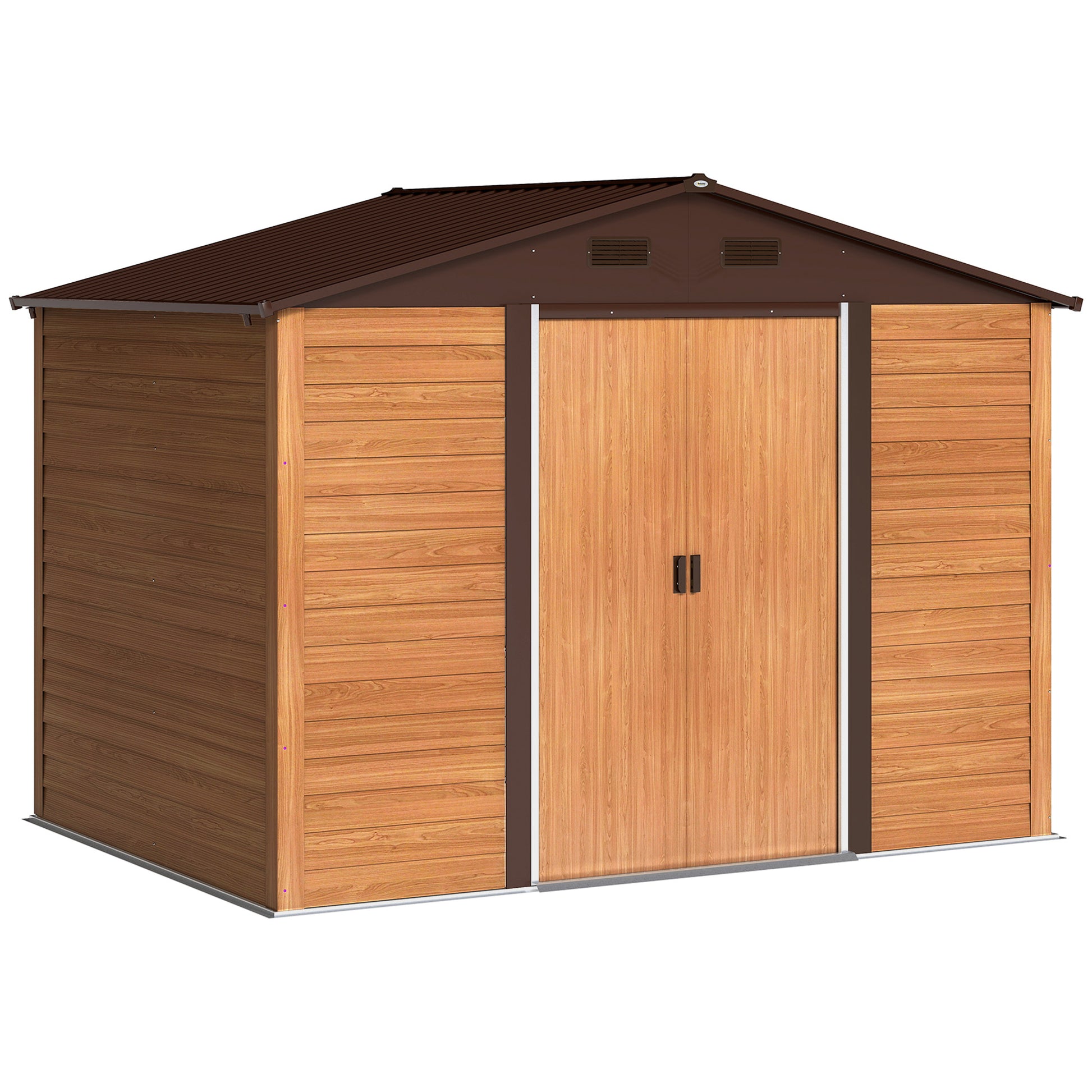 Outdoor Garden Shed 4.84 m² 278x195x215 cm Metal Garden Shed with 2 Sliding Doors and 4 Windows for Tool Storage Natural Wood and Coffee Effect