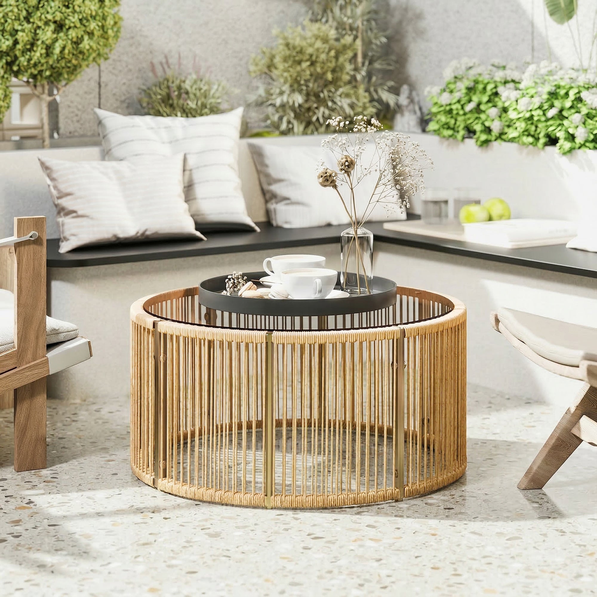 Polyrattan Side Table – Coffee Table with Tempered Glass Top, Powder-Coated Steel Frame for Garden, Terrace, Balcony, 27.6 x 27.6 x 13 in (70 x 70 x 33 cm), Brown
