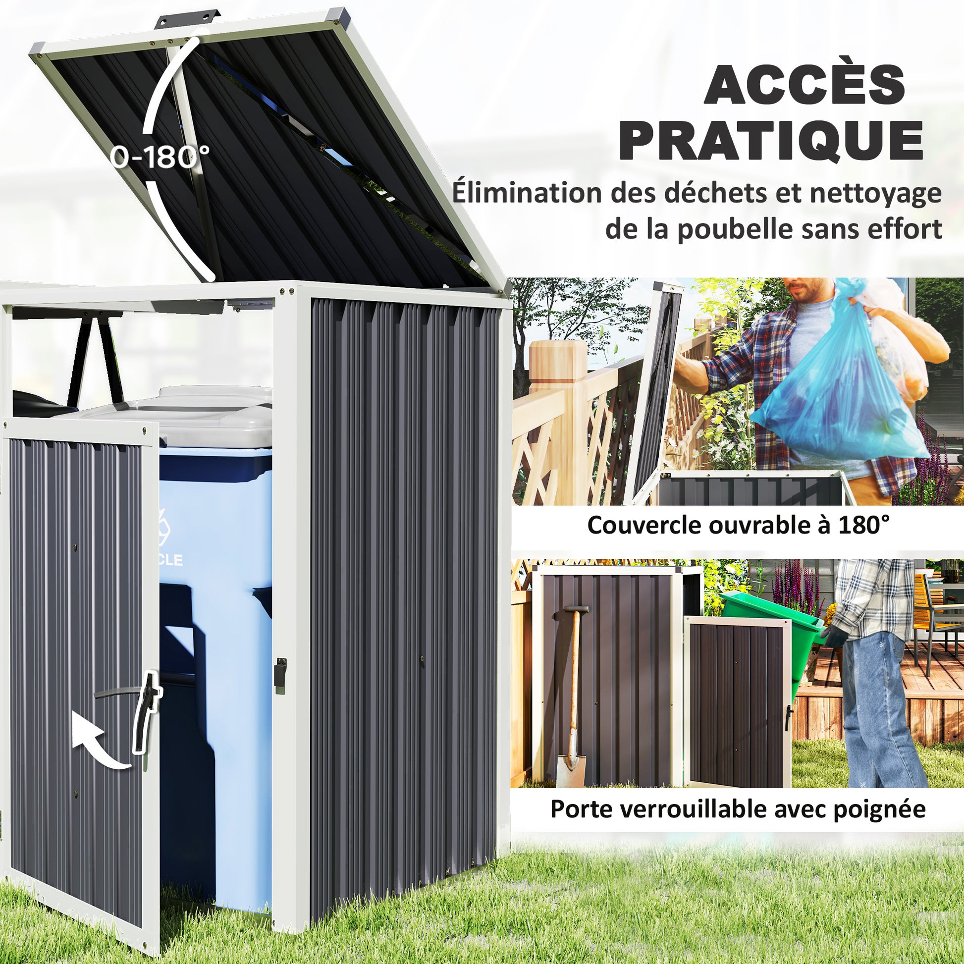 Outdoor Trash Can Cover for 2 Bins 240L, Outdoor Trash Can Cover, Doors with Handles, 180° Lift-Up Lids, Galvanized Steel, 146 x 81 x 122 cm, Dark Gray
