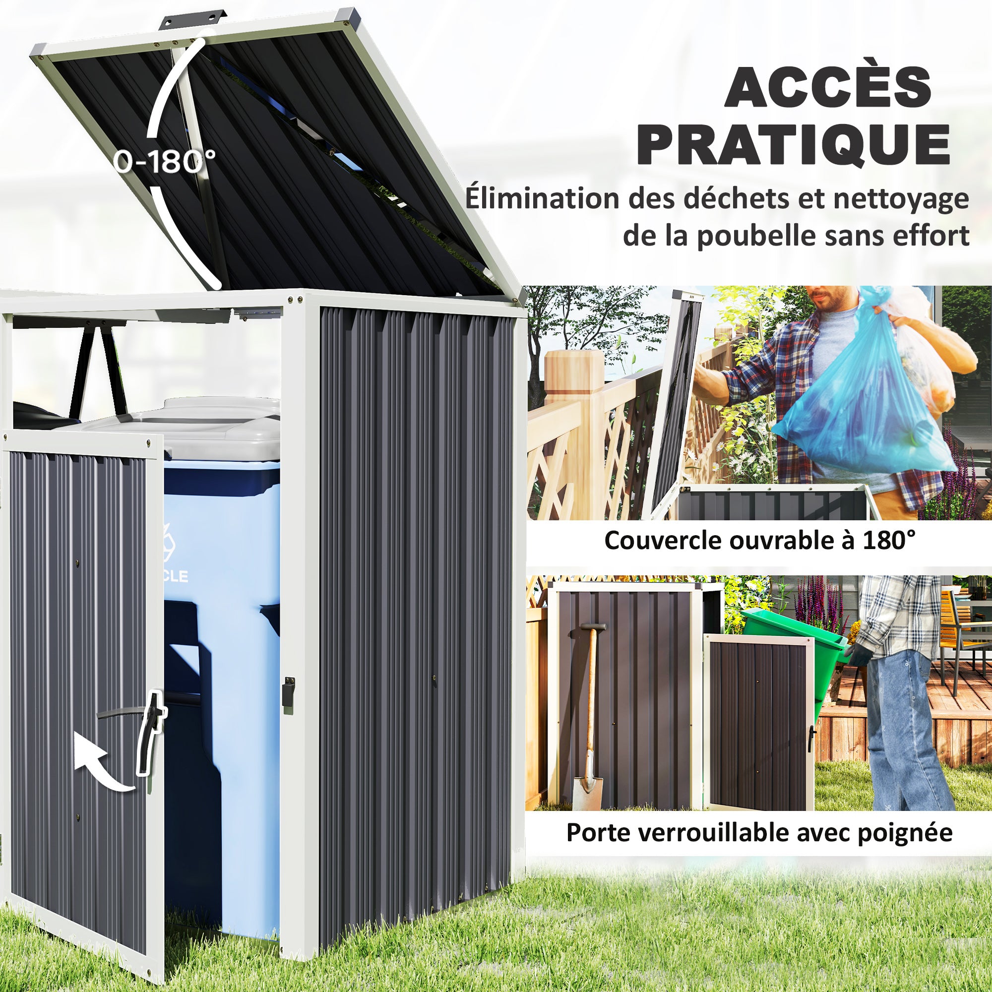 Outdoor Trash Can Cover for 2 Bins 240L, Outdoor Trash Can Cover, Doors with Handles, 180° Lift-Up Lids, Galvanized Steel, 146 x 81 x 122 cm, Dark Gray