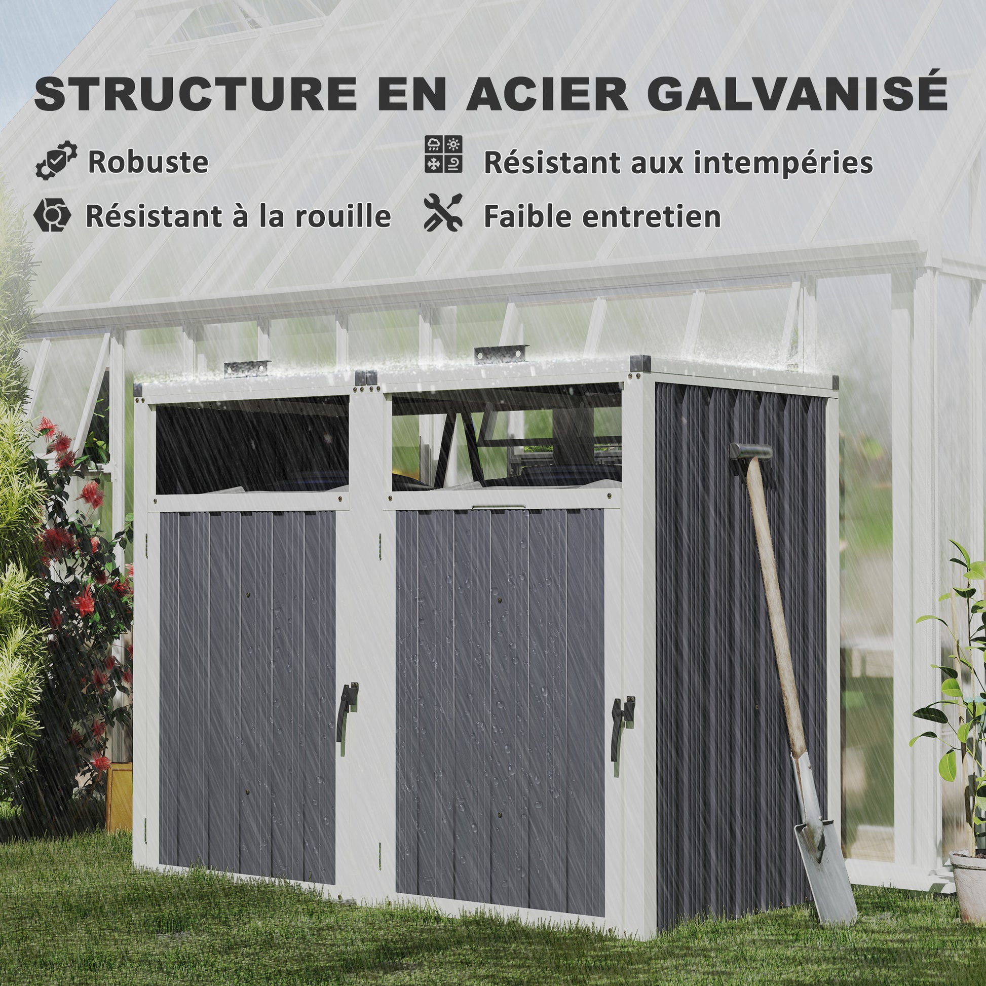 Outdoor Trash Can Cover for 2 Bins 240L, Outdoor Trash Can Cover, Doors with Handles, 180° Lift-Up Lids, Galvanized Steel, 146 x 81 x 122 cm, Dark Gray