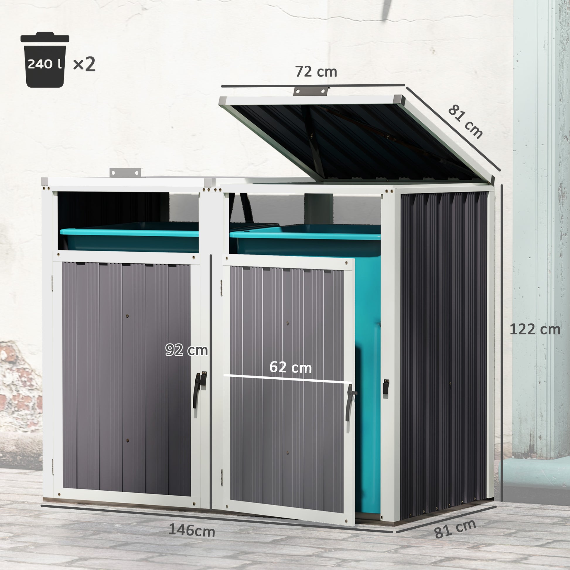 Outdoor Trash Can Cover for 2 Bins 240L, Outdoor Trash Can Cover, Doors with Handles, 180° Lift-Up Lids, Galvanized Steel, 146 x 81 x 122 cm, Dark Gray
