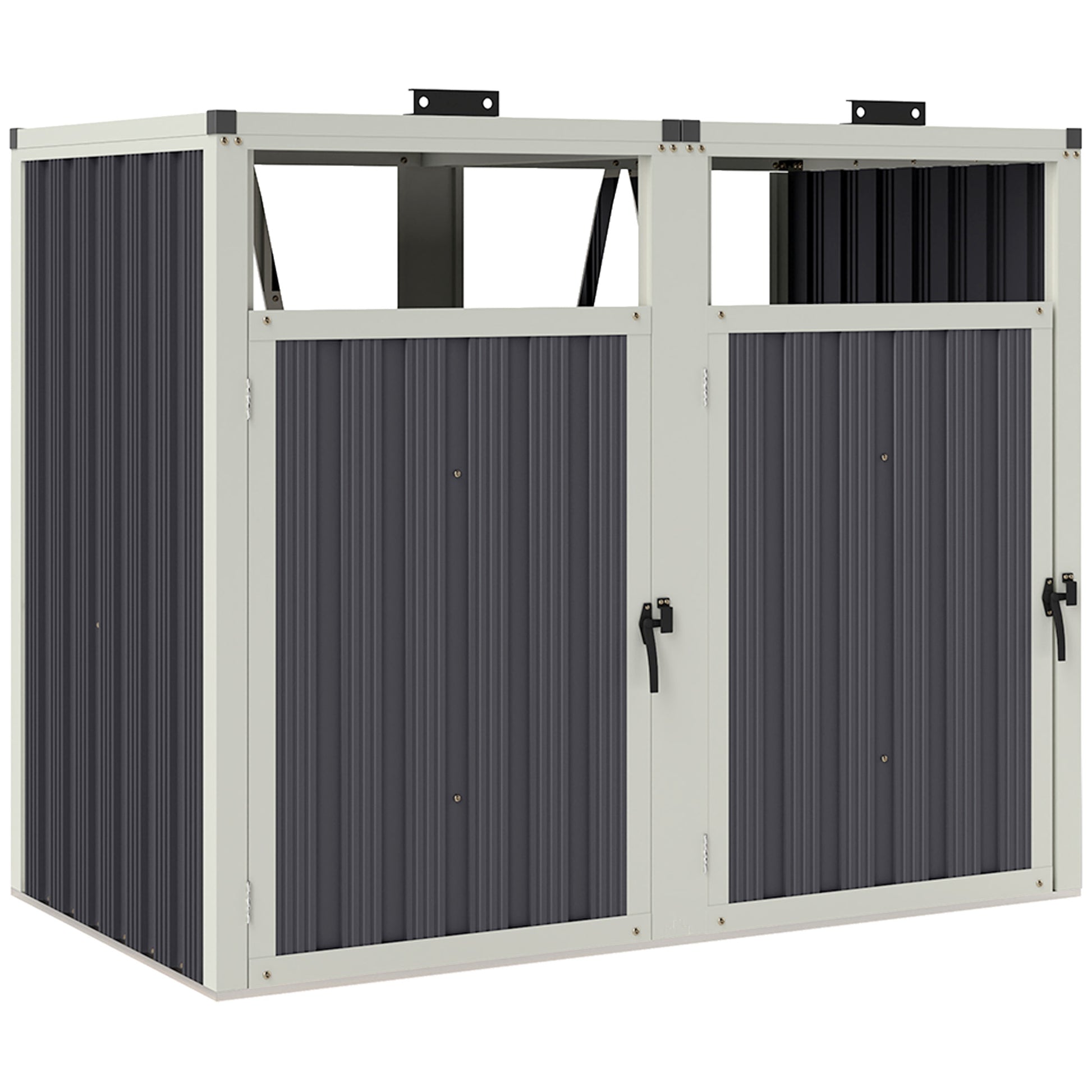 Outdoor Trash Can Cover for 2 Bins 240L, Outdoor Trash Can Cover, Doors with Handles, 180° Lift-Up Lids, Galvanized Steel, 146 x 81 x 122 cm, Dark Gray