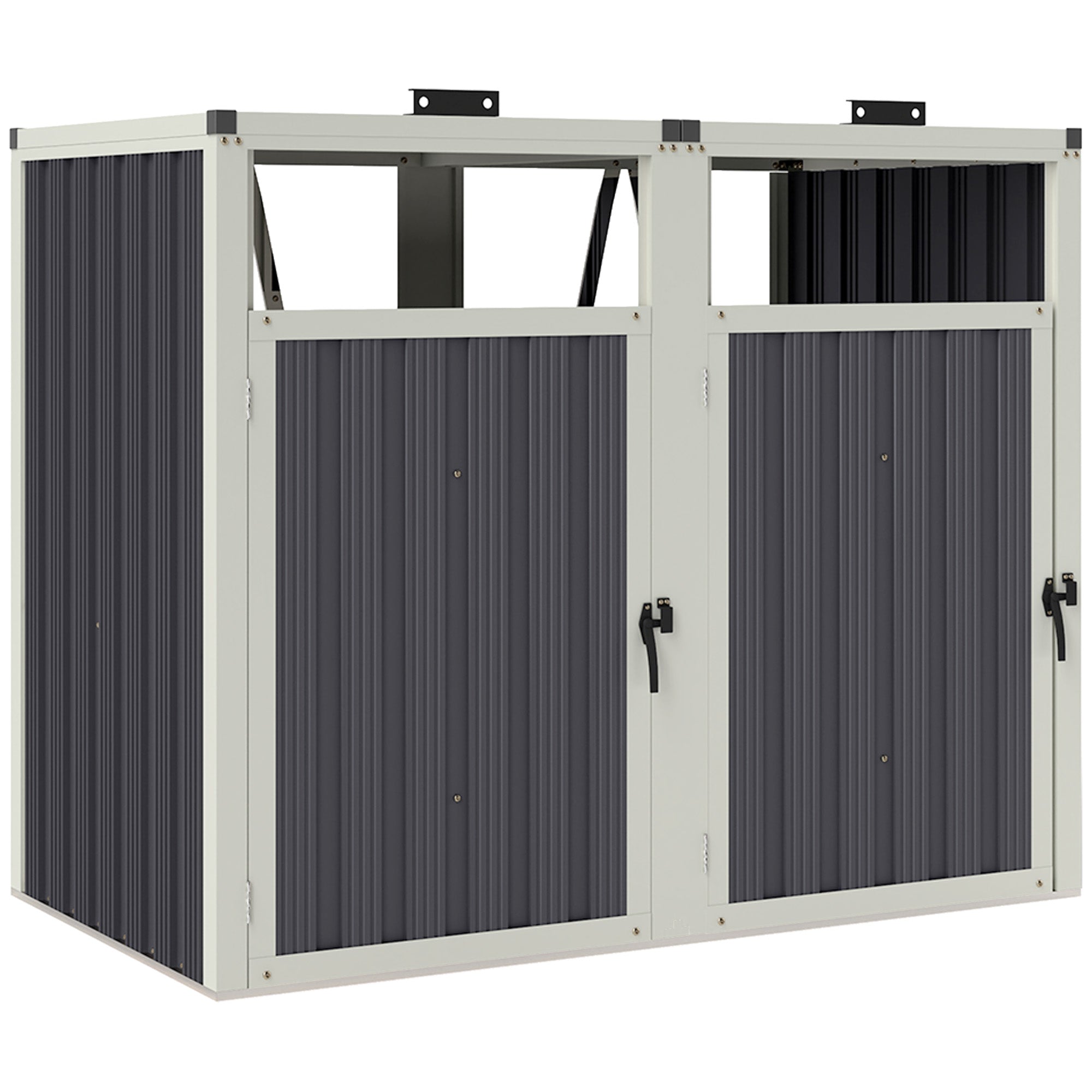 Outdoor Trash Can Cover for 2 Bins 240L, Outdoor Trash Can Cover, Doors with Handles, 180° Lift-Up Lids, Galvanized Steel, 146 x 81 x 122 cm, Dark Gray