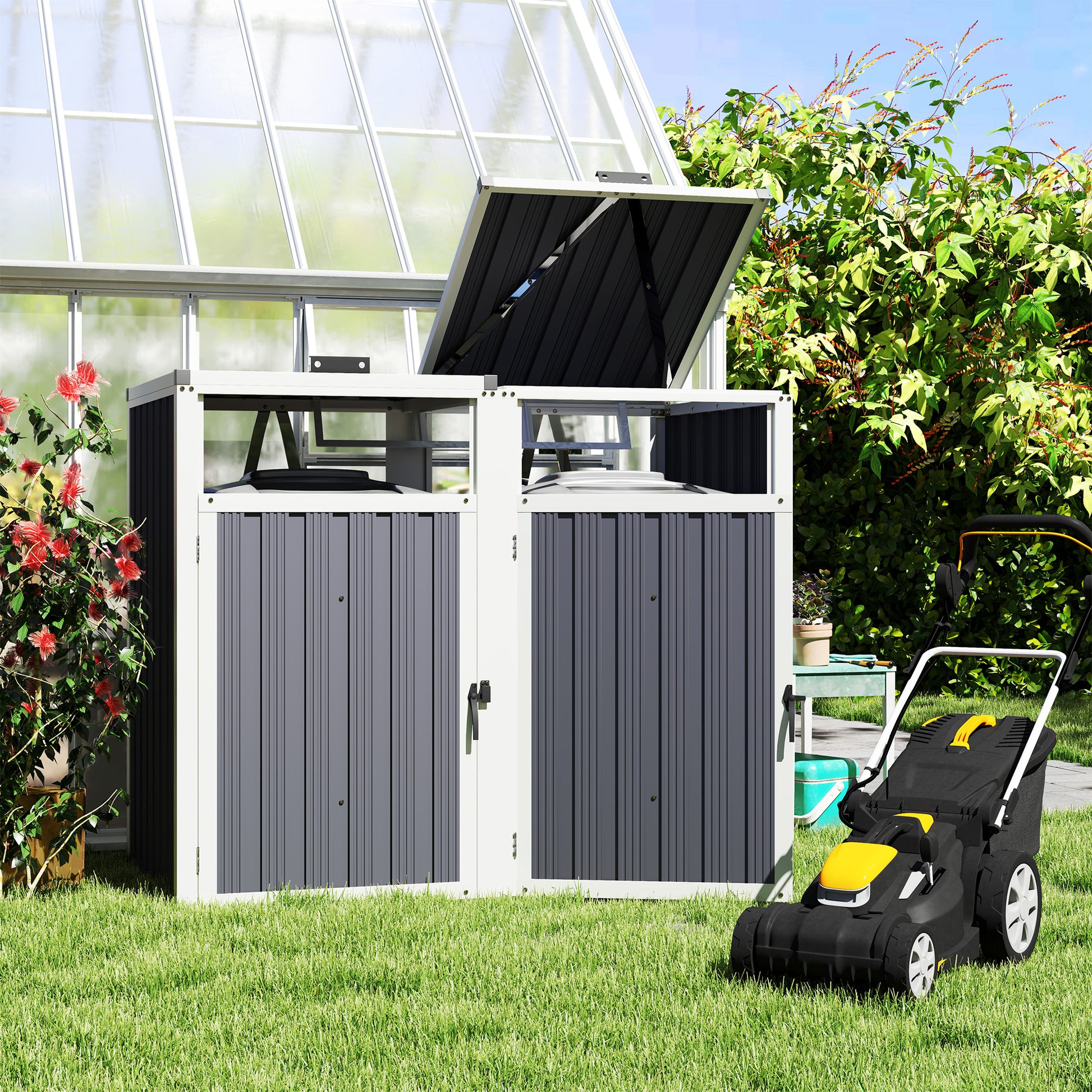 Outdoor Trash Can Cover for 2 Bins 240L, Outdoor Trash Can Cover, Doors with Handles, 180° Lift-Up Lids, Galvanized Steel, 146 x 81 x 122 cm, Dark Gray