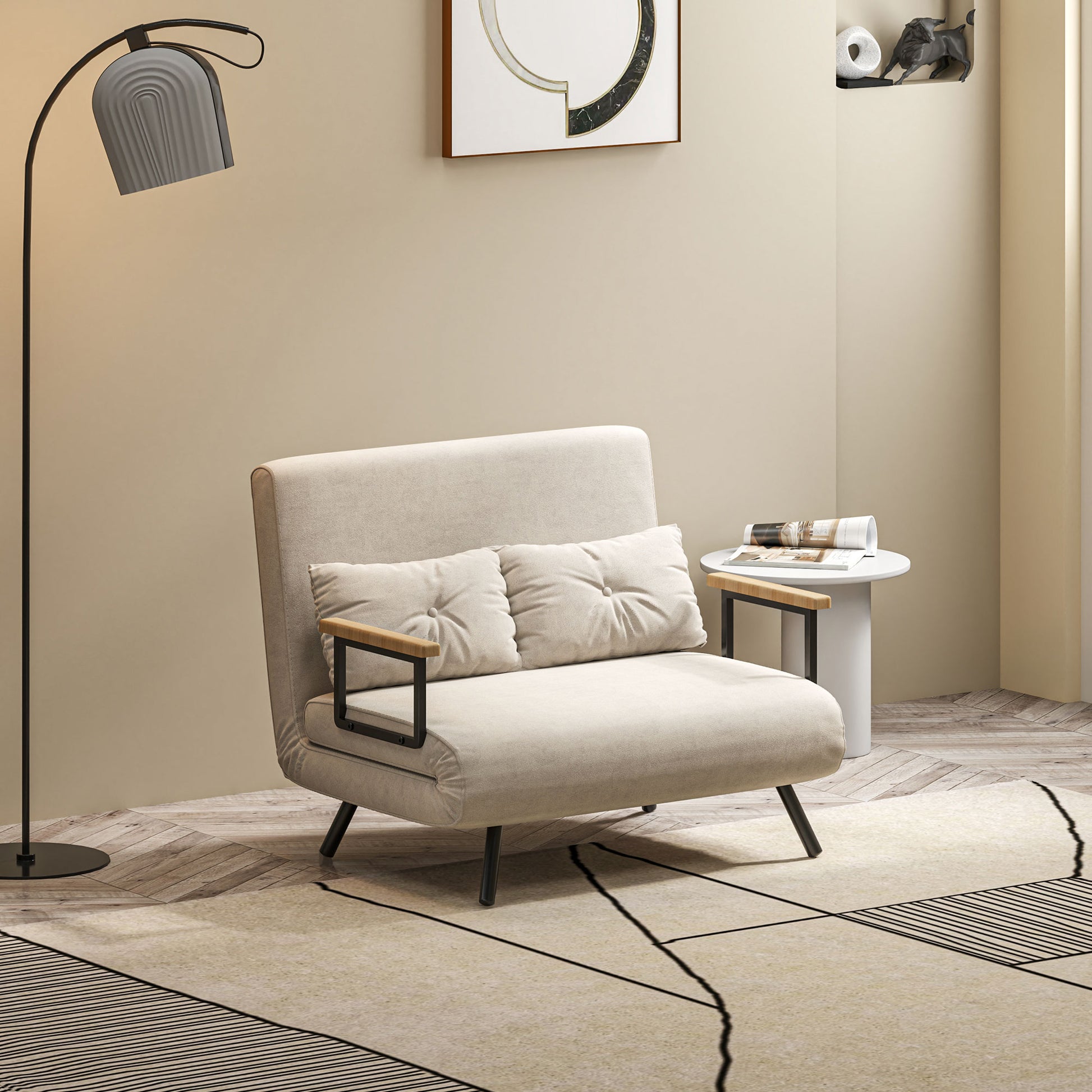 2-Seater Sleeper Sofa with 5-Position Adjustable Backrest, Fold-Out Double Bed with 2 Pillows for Living Room, Upholstered Fabric, Steel and Wood, 102x73x81 cm, Cream