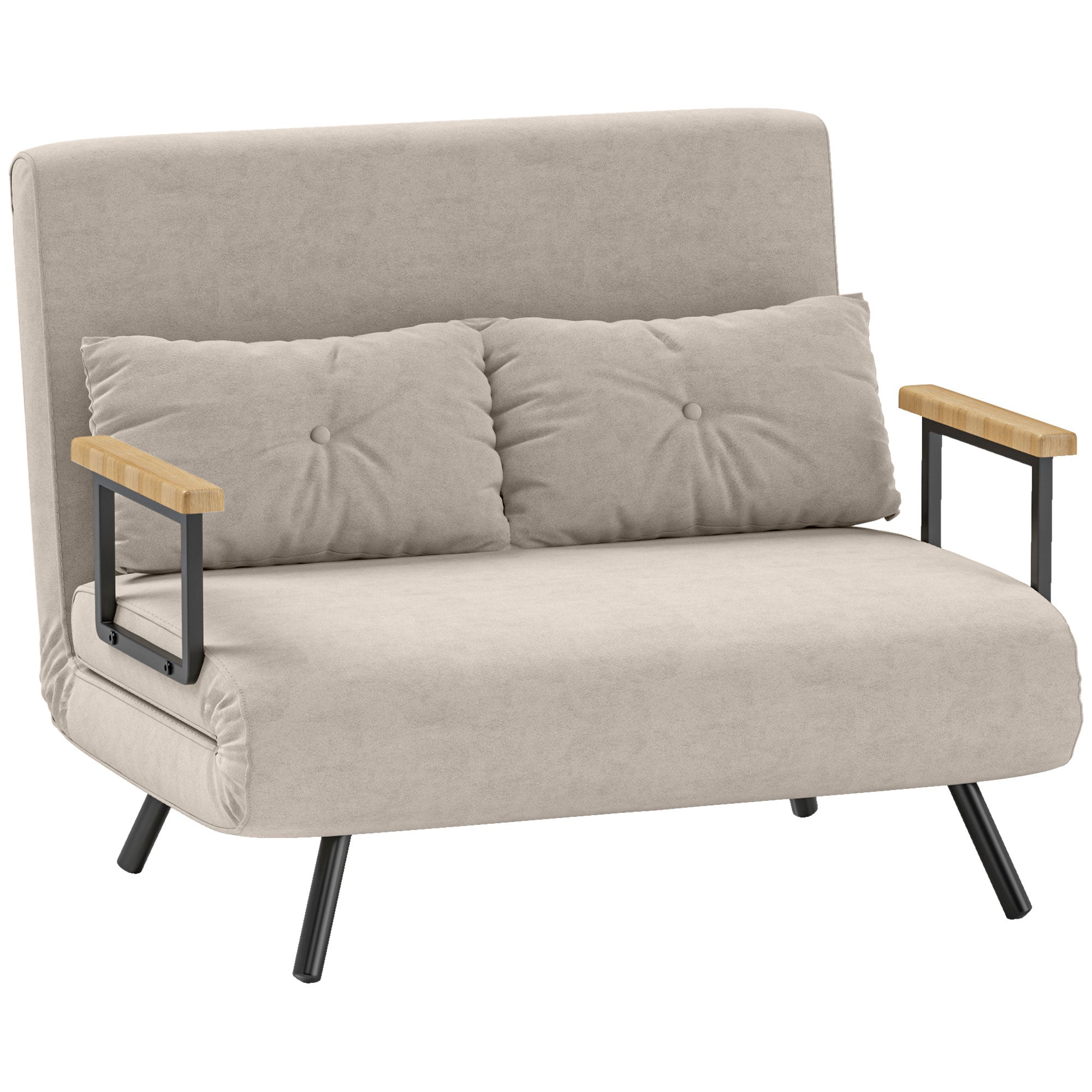2-Seater Sleeper Sofa with 5-Position Adjustable Backrest, Fold-Out Double Bed with 2 Pillows for Living Room, Upholstered Fabric, Steel and Wood, 102x73x81 cm, Cream