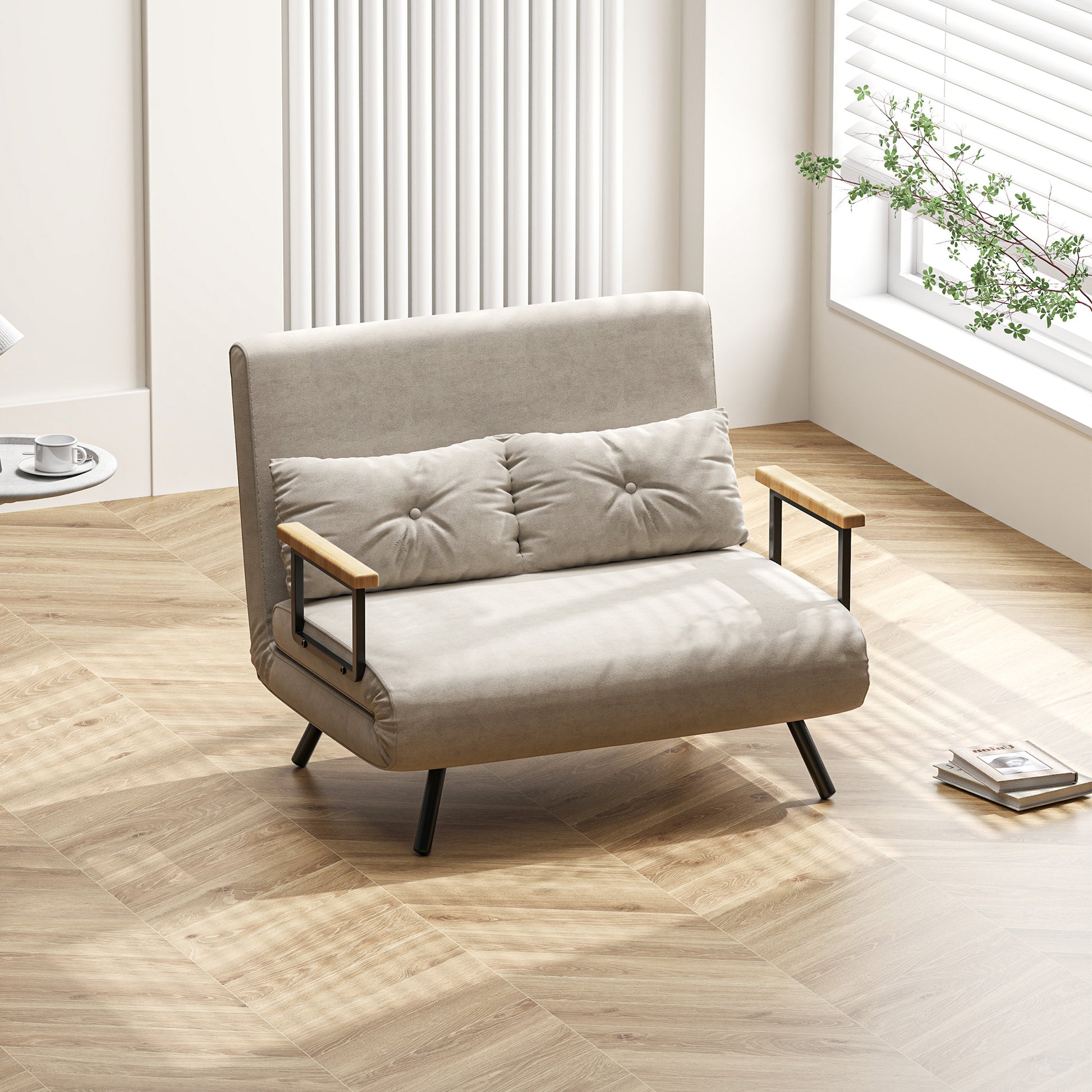 2-Seater Sleeper Sofa with 5-Position Adjustable Backrest, Fold-Out Double Bed with 2 Pillows for Living Room, Upholstered Fabric, Steel and Wood, 102x73x81 cm, Cream