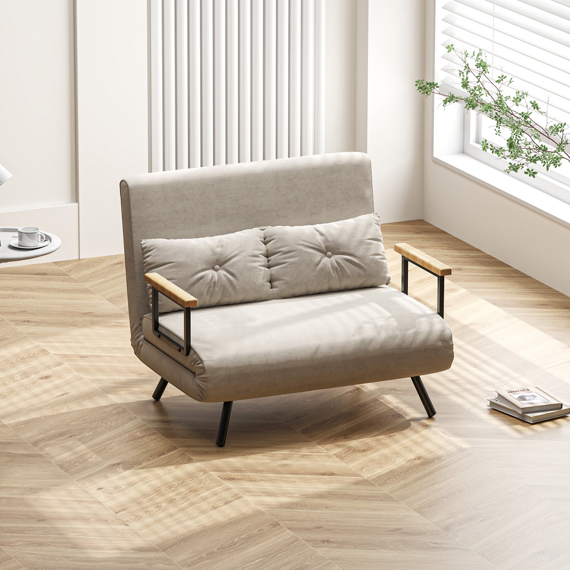 2-Seater Sleeper Sofa with 5-Position Adjustable Backrest, Fold-Out Double Bed with 2 Pillows for Living Room, Upholstered Fabric, Steel and Wood, 102x73x81 cm, Cream