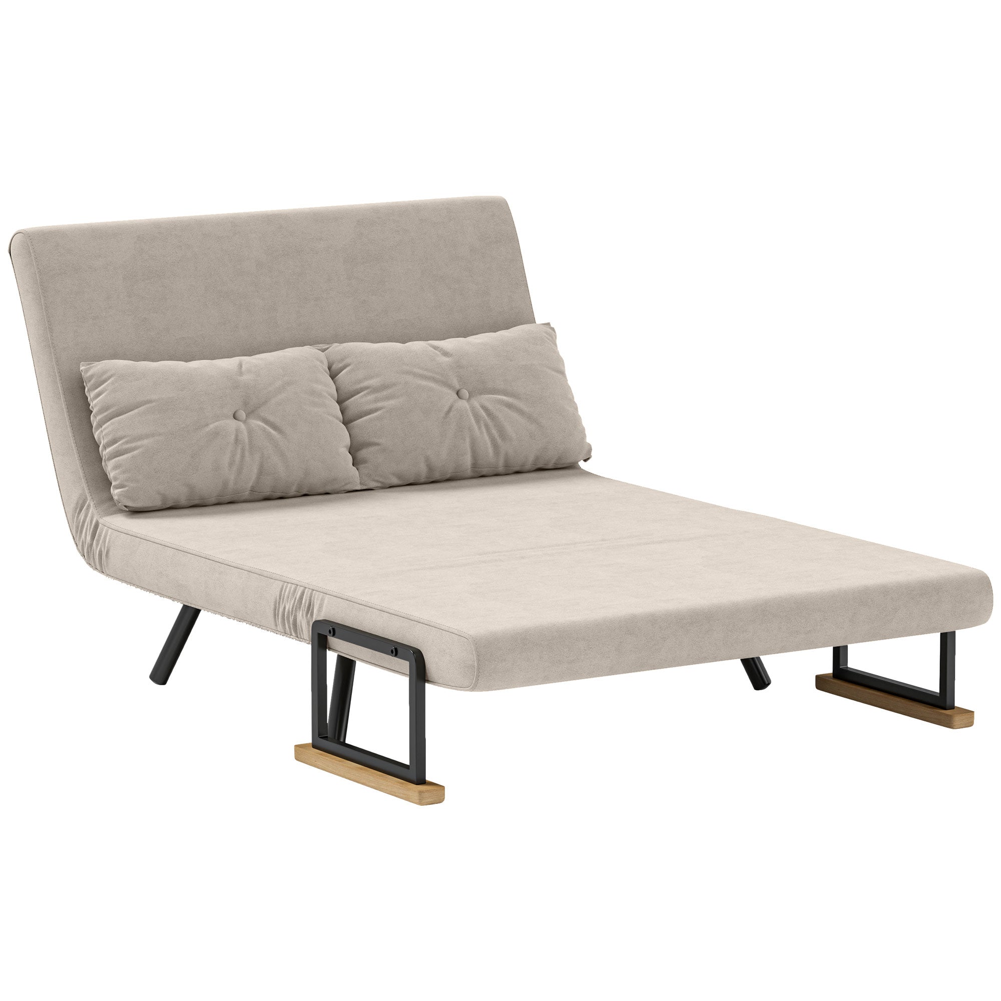 2-Seater Sleeper Sofa with 5-Position Adjustable Backrest, Fold-Out Double Bed with 2 Pillows for Living Room, Upholstered Fabric, Steel and Wood, 102x73x81 cm, Cream