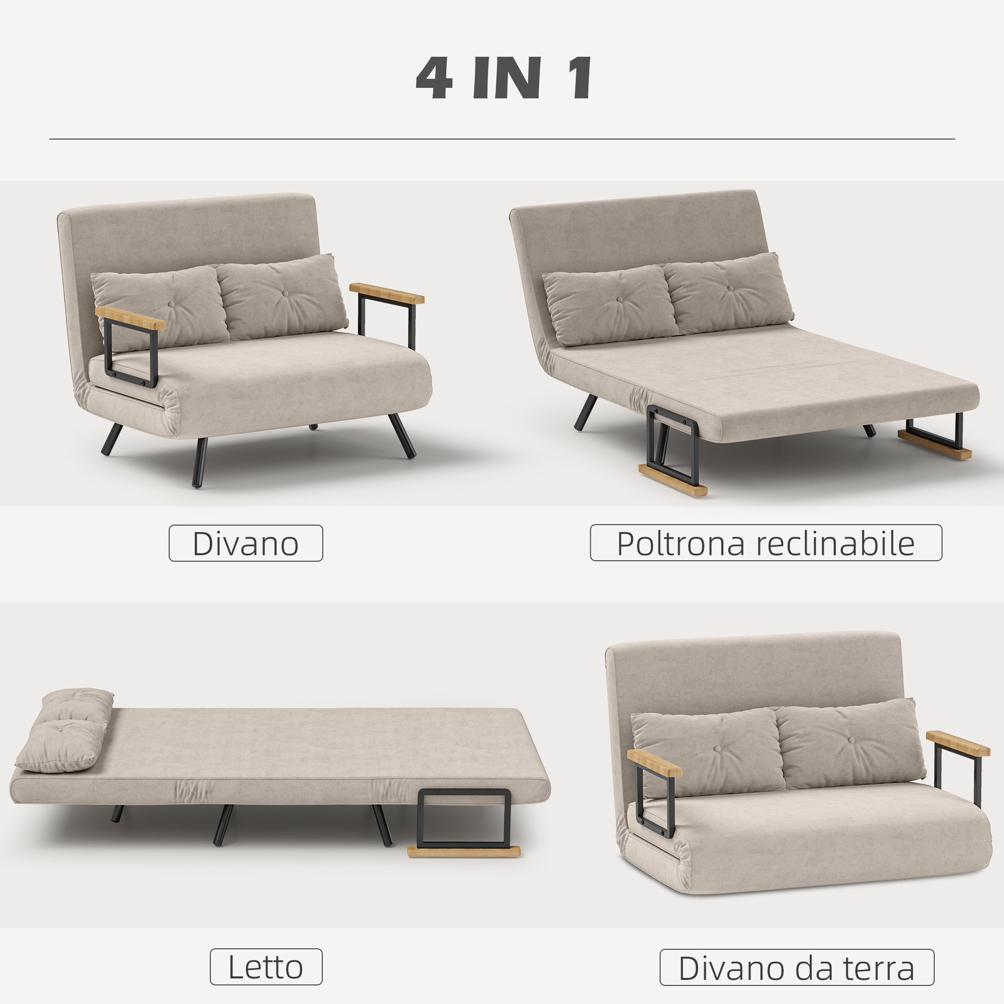 2-Seater Sleeper Sofa with 5-Position Adjustable Backrest, Fold-Out Double Bed with 2 Pillows for Living Room, Upholstered Fabric, Steel and Wood, 102x73x81 cm, Cream